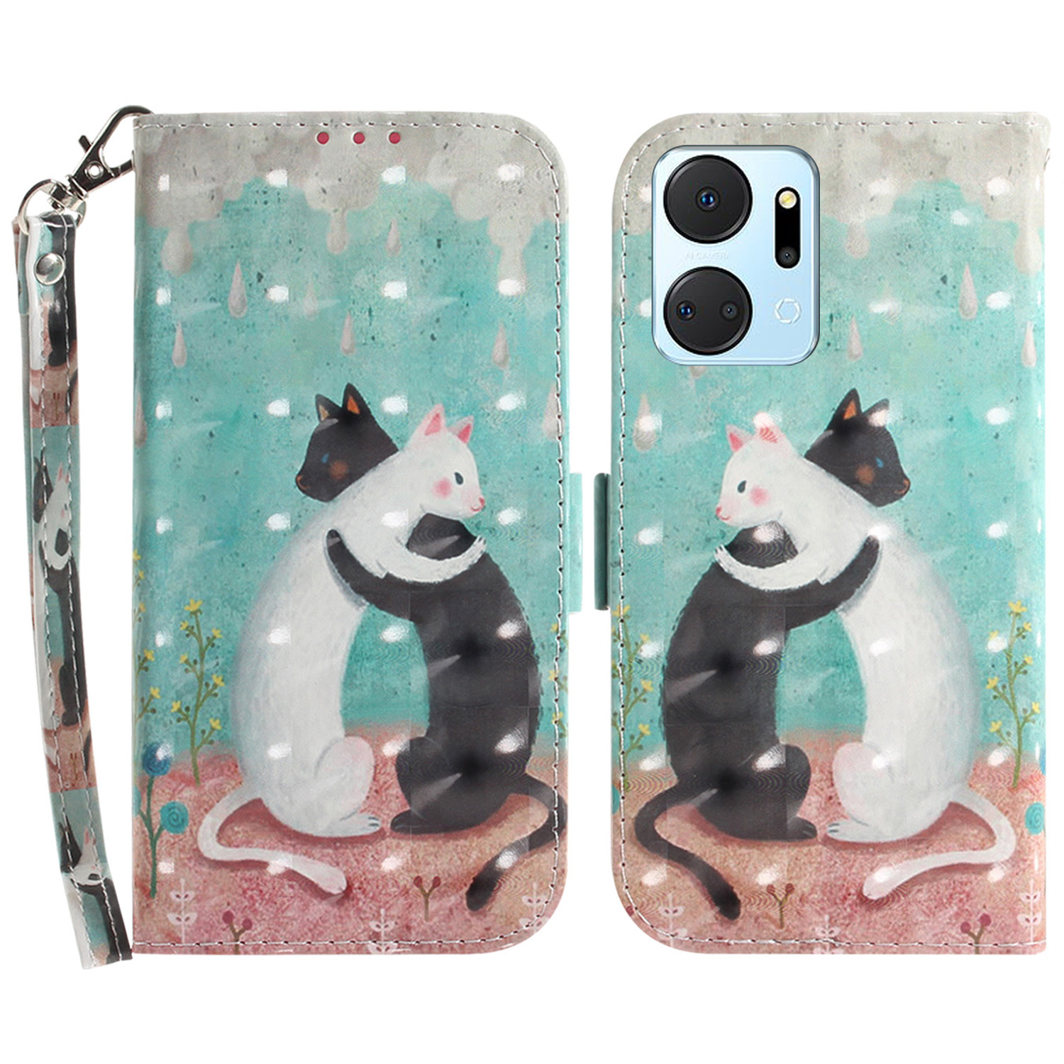 

PU Leder Hülle Für Ehren X7a 5G Schutzhülle Brieftaschenhilfe Mit Riemen - Zwei Katzen, Honor X7a 5G