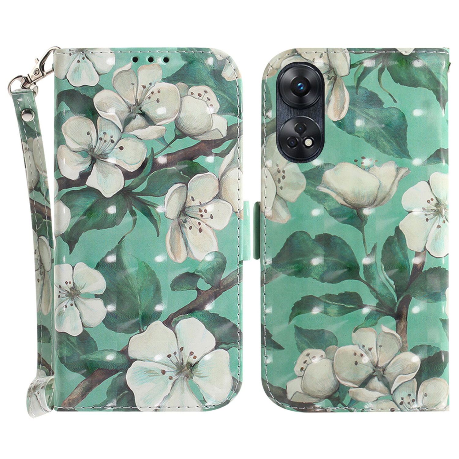 

Für Oppo Reno8 T 4G Telefonhülle PU Leder Schocksicheres Brieftaschenschutzschutz Mit Riemen - Aquarellblüten, Oppo Reno8 T 4G