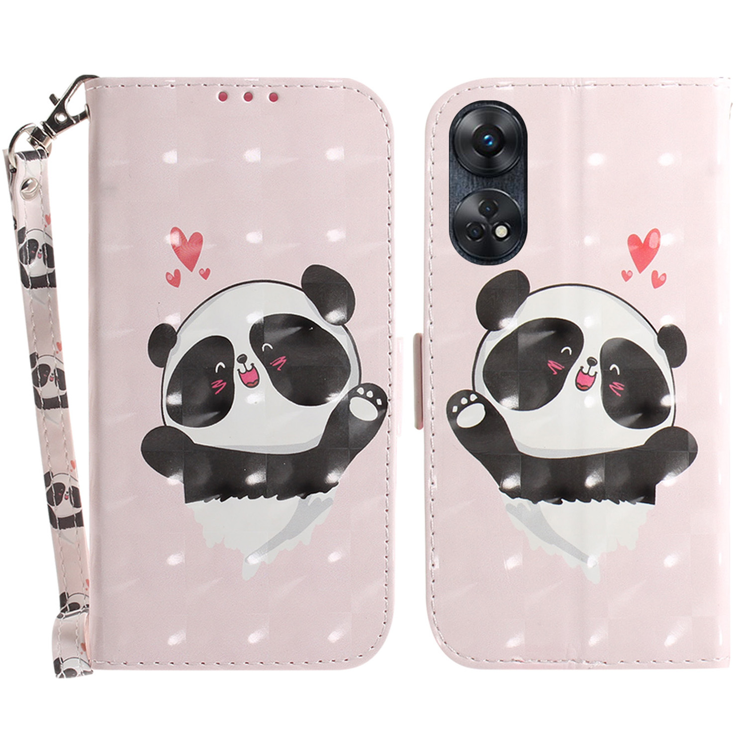 

Für Oppo Reno8 T 4G Telefonhülle PU Leder Schocksicheres Brieftaschenschutzschutz Mit Riemen - Liebe Herz Panda, Oppo Reno8 T 4G