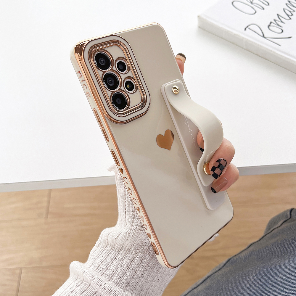 

For Samsung Galaxy A53 5G Kickstand Strap Phone Case Heart Pattern Electroplating TPU Back Cover - White, Samsung Galaxy A53 5G