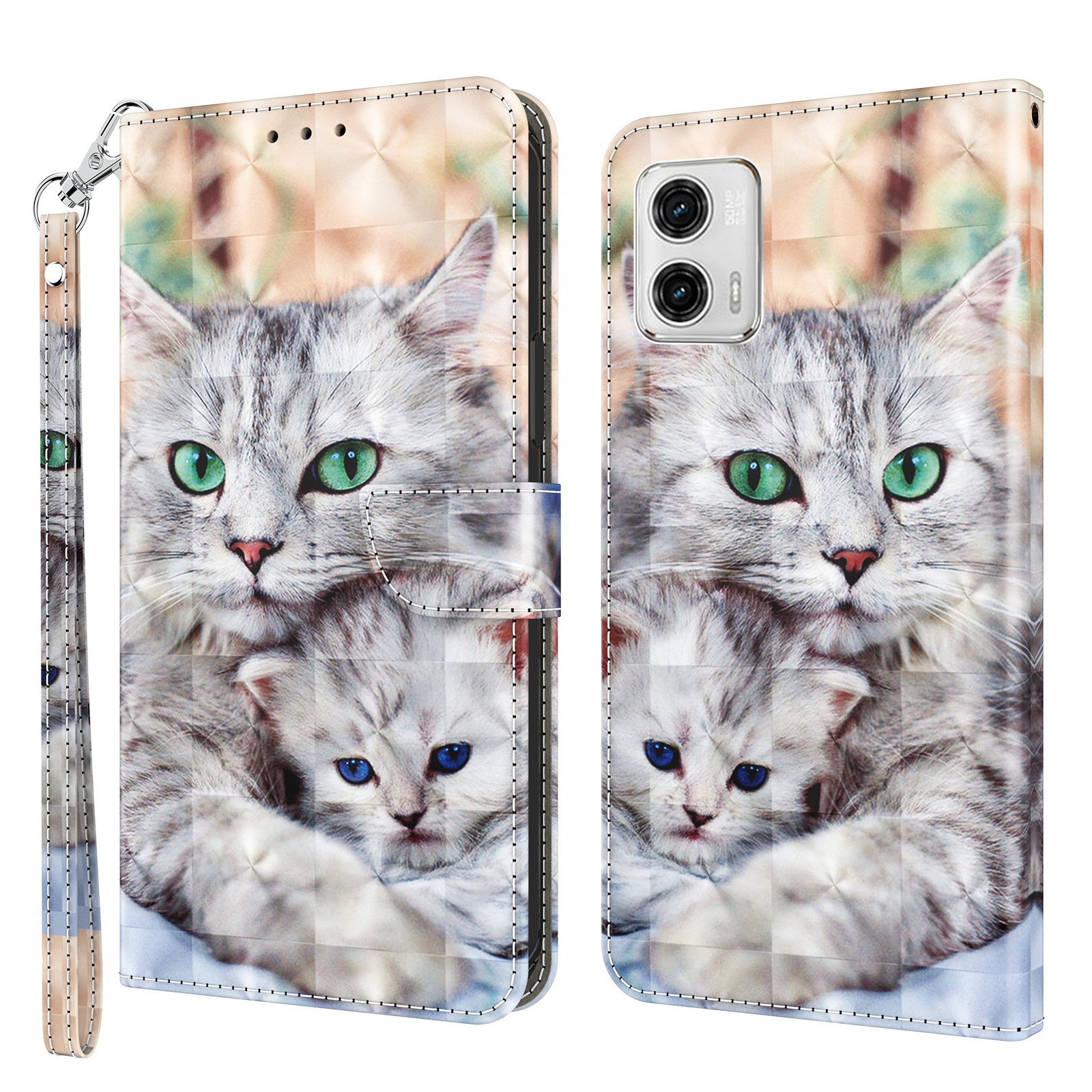 

Für Motorola Moto G73 5G PU Leder Flip Ständer Telefonhülle 3D -muster Druckbrieftasche Shell - Zwei Katzen, Motorola Moto G73 5G