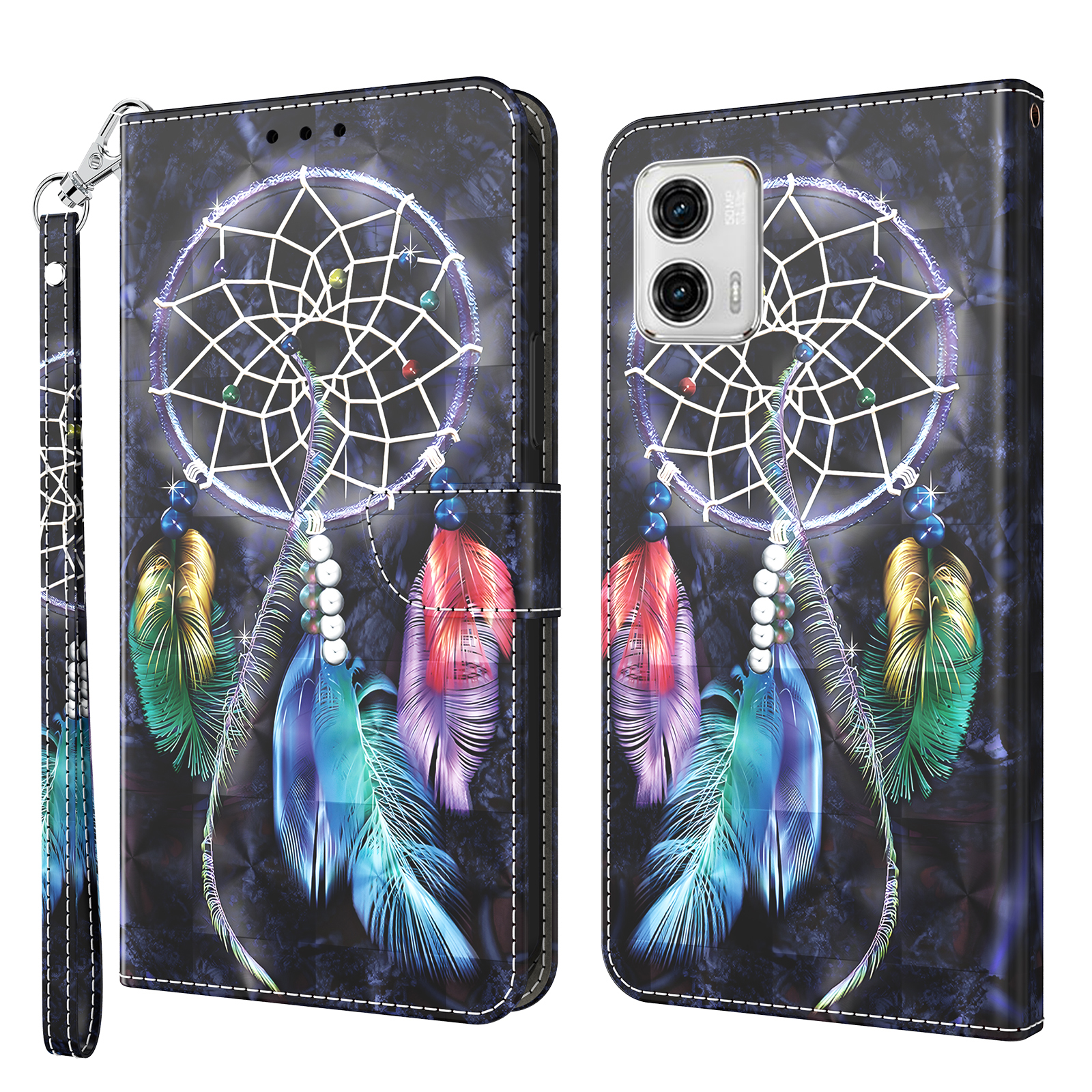 

Für Motorola Moto G73 5G PU Leder Flip Ständer Telefonhülle 3D -muster Druckbrieftasche Shell - Traumfänger, Motorola Moto G73 5G