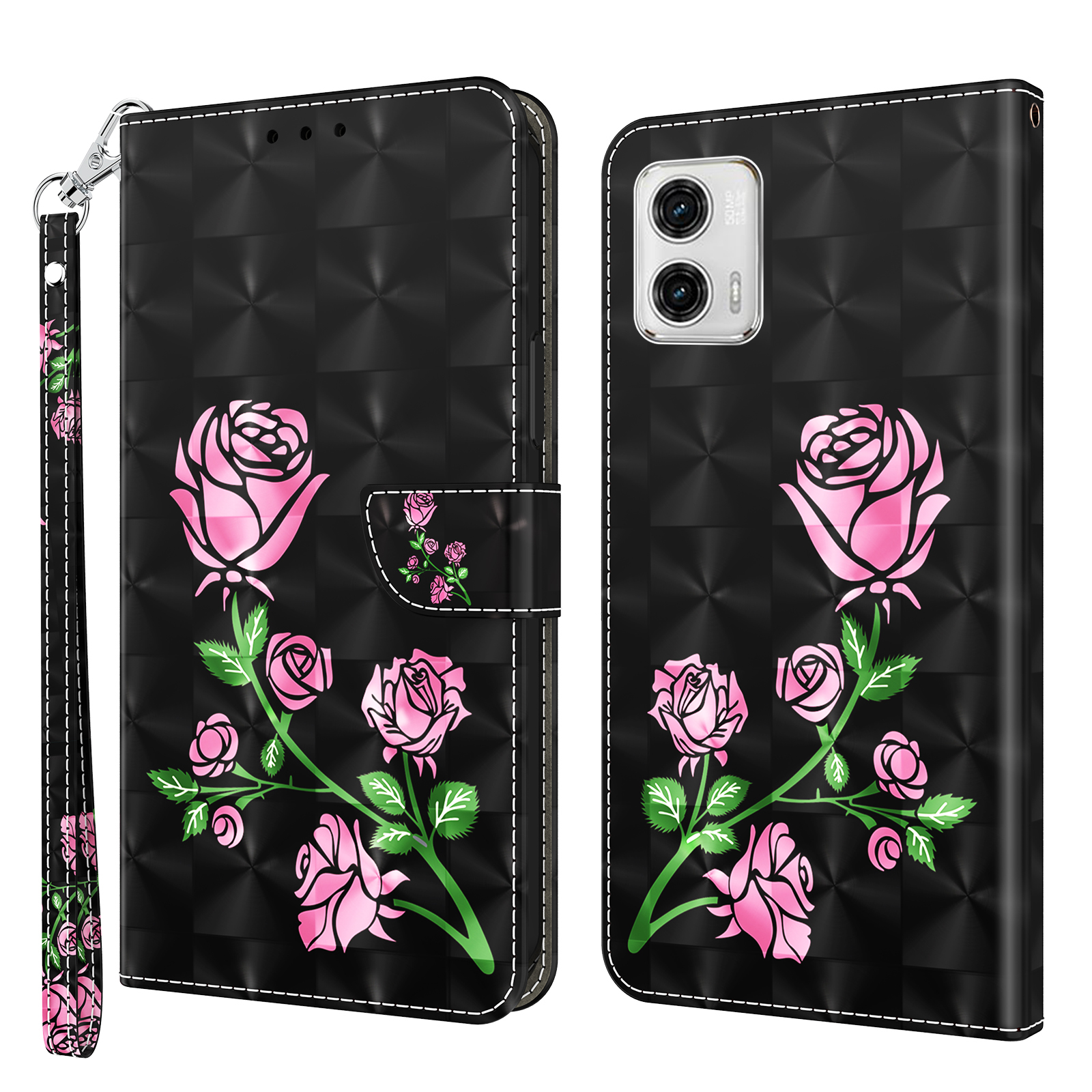 

Für Motorola Moto G73 5G PU Leder Flip Ständer Telefonhülle 3D -muster Druckbrieftasche Shell - Rose, Motorola Moto G73 5G