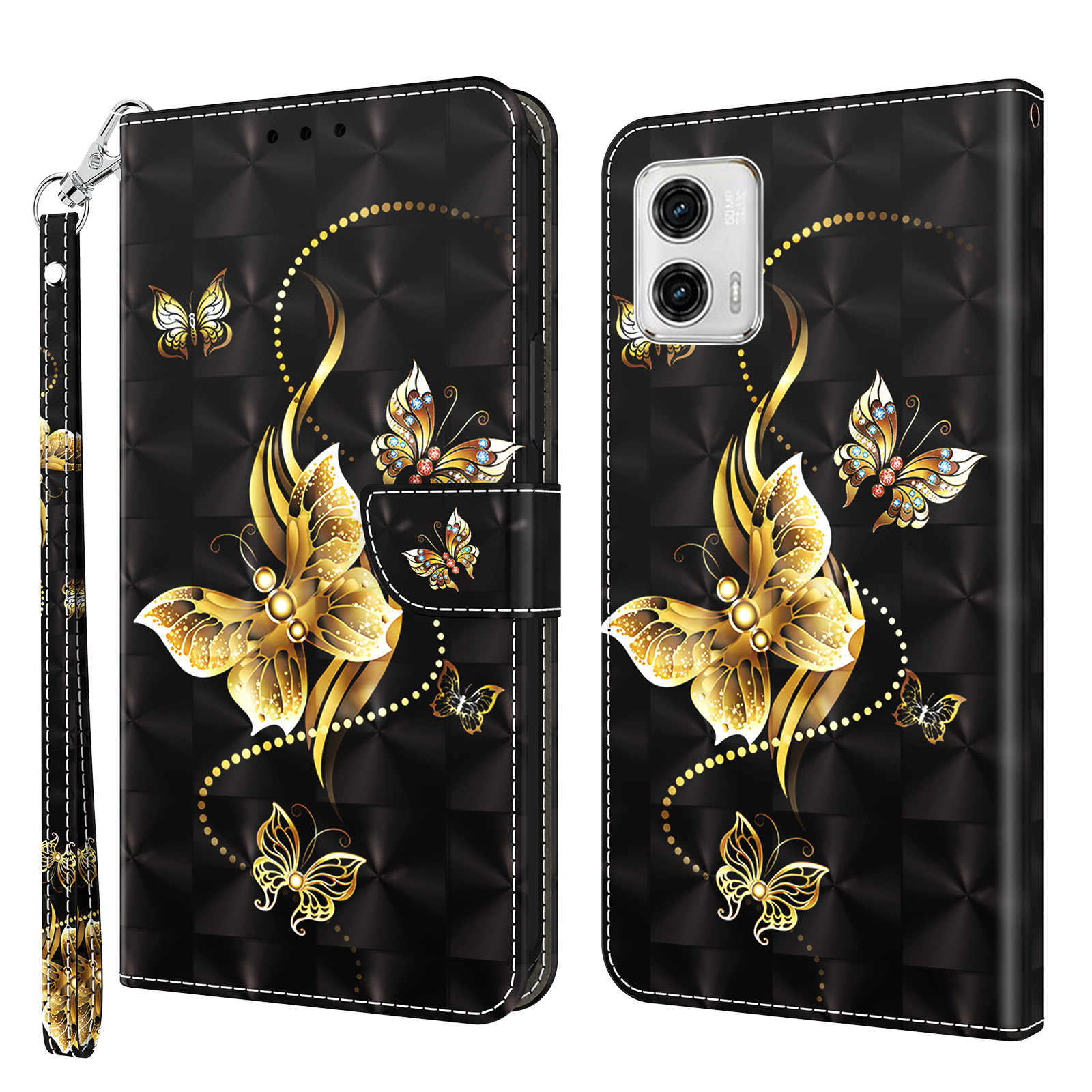 

Für Motorola Moto G73 5G PU Leder Flip Ständer Telefonhülle 3D -muster Druckbrieftasche Shell - Goldener Schmetterling, Motorola Moto G73 5G