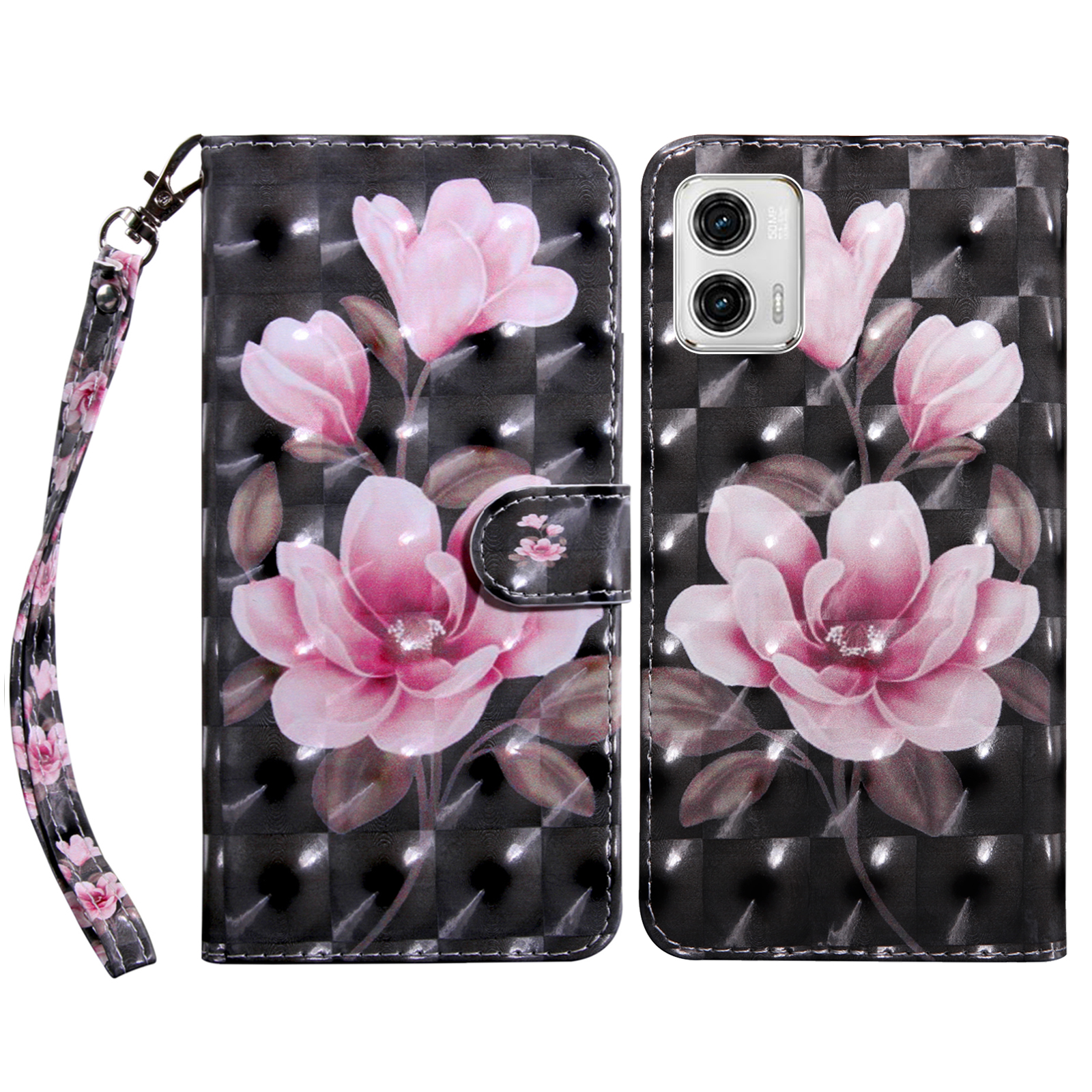 

Für Motorola Moto G73 5G PU Leder Flip Ständer Telefonhülle 3D -muster Druckbrieftasche Shell - Pinke Blume, Motorola Moto G73 5G