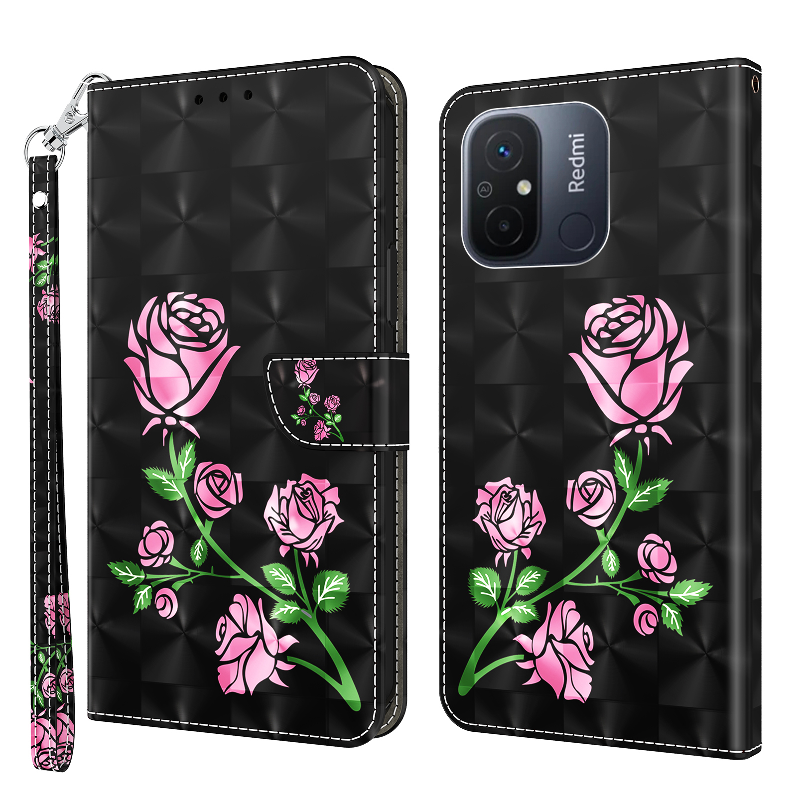 

Für Xiaomi Redmi 11a 4g / 12C 4G PU Leder Anti-drogenabdeckung 3d-muster Druckst. Brieftasche Telefonhülle - Rose, Xiaomi Redmi 11A 4G