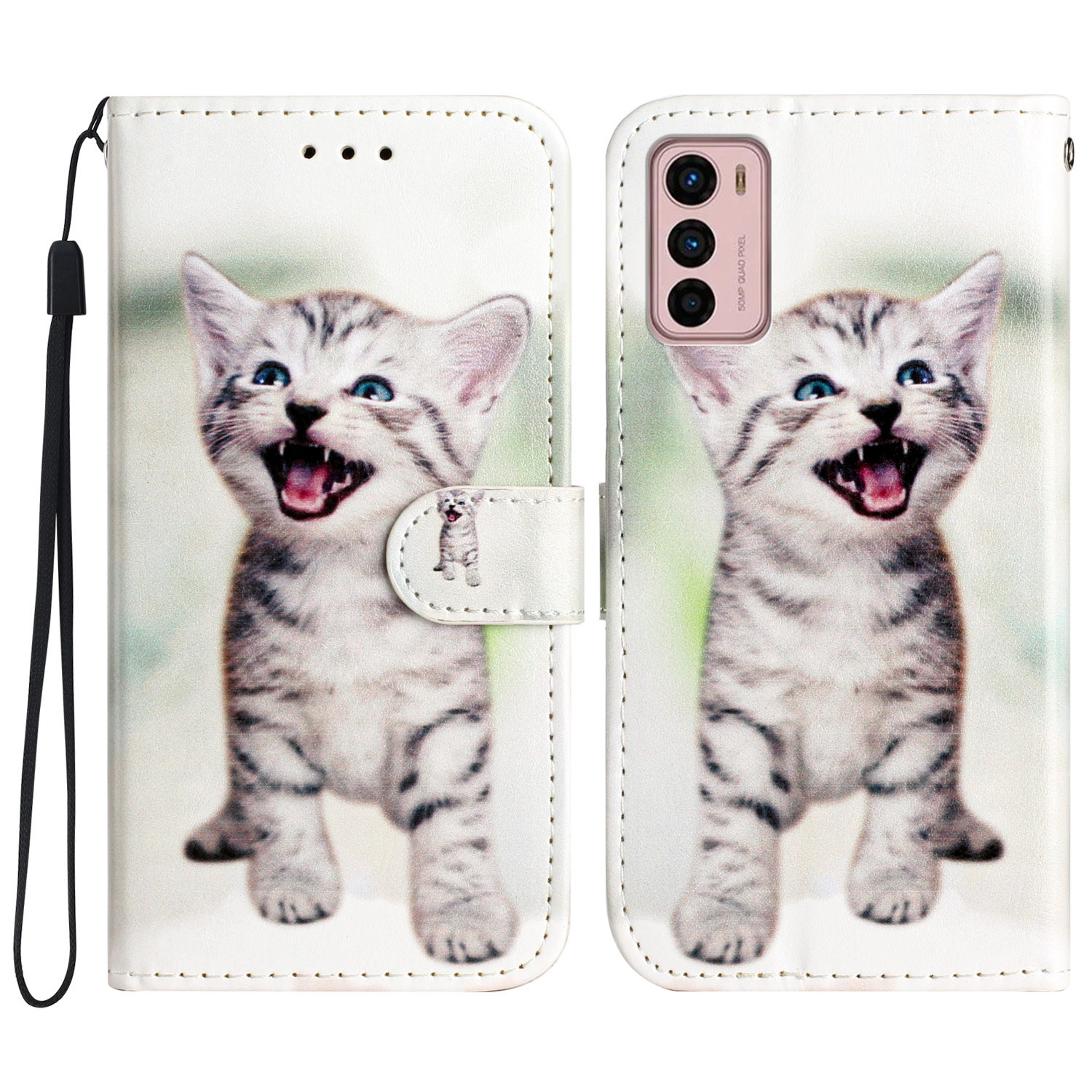 

Für Motorola Moto G42 4G Drop Protection Phone Ständer Koffer Muster Druckleder Brieftasche Abdeckung - Fröhliche Katze, Motorola Moto G42 4G