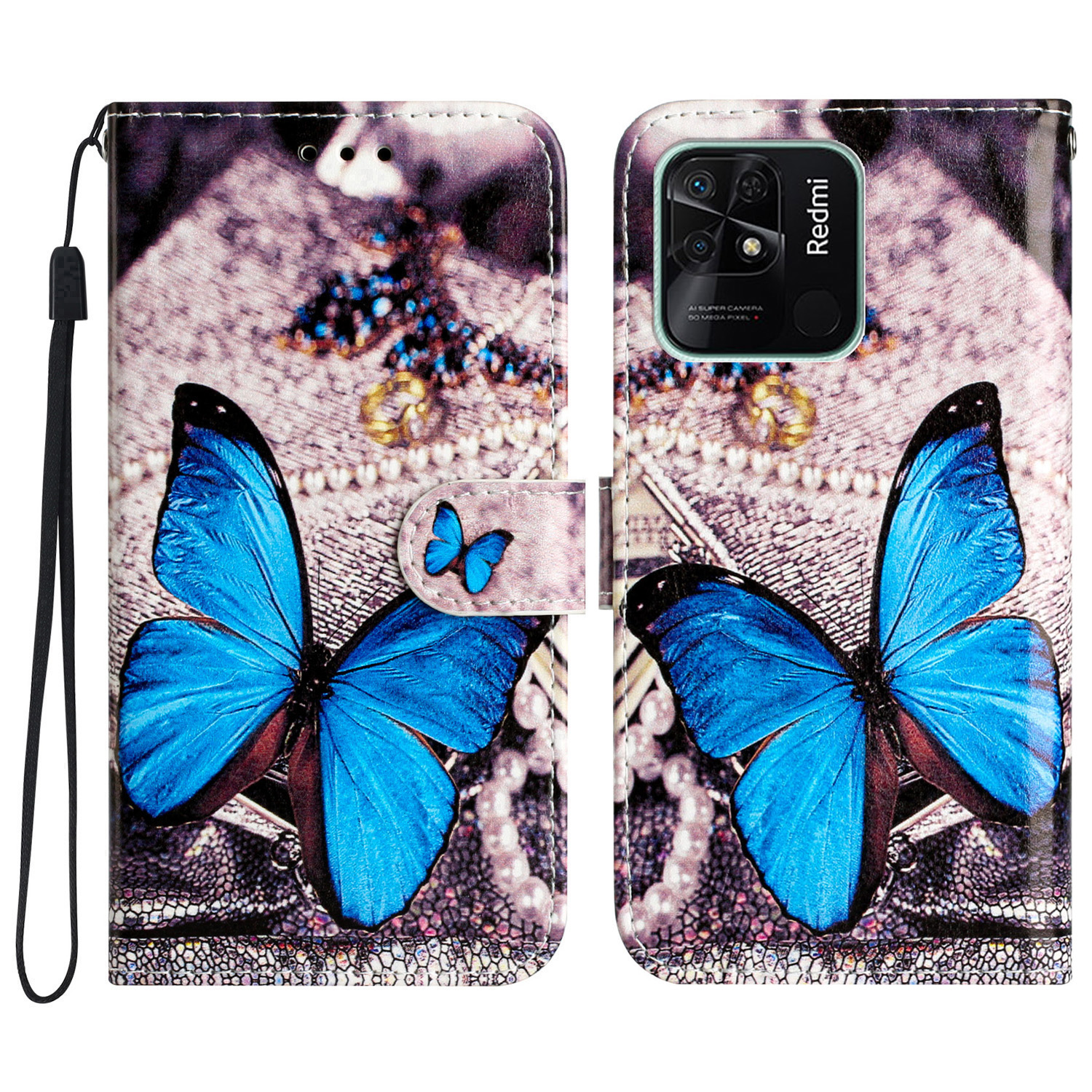 

Für Xiaomi Redmi 10C 4G PU Leder Brieftasche Flip Deckungsmuster Druckklappständer Telefonhülle - Blauer Schmetterling, Xiaomi Redmi 10C 4G