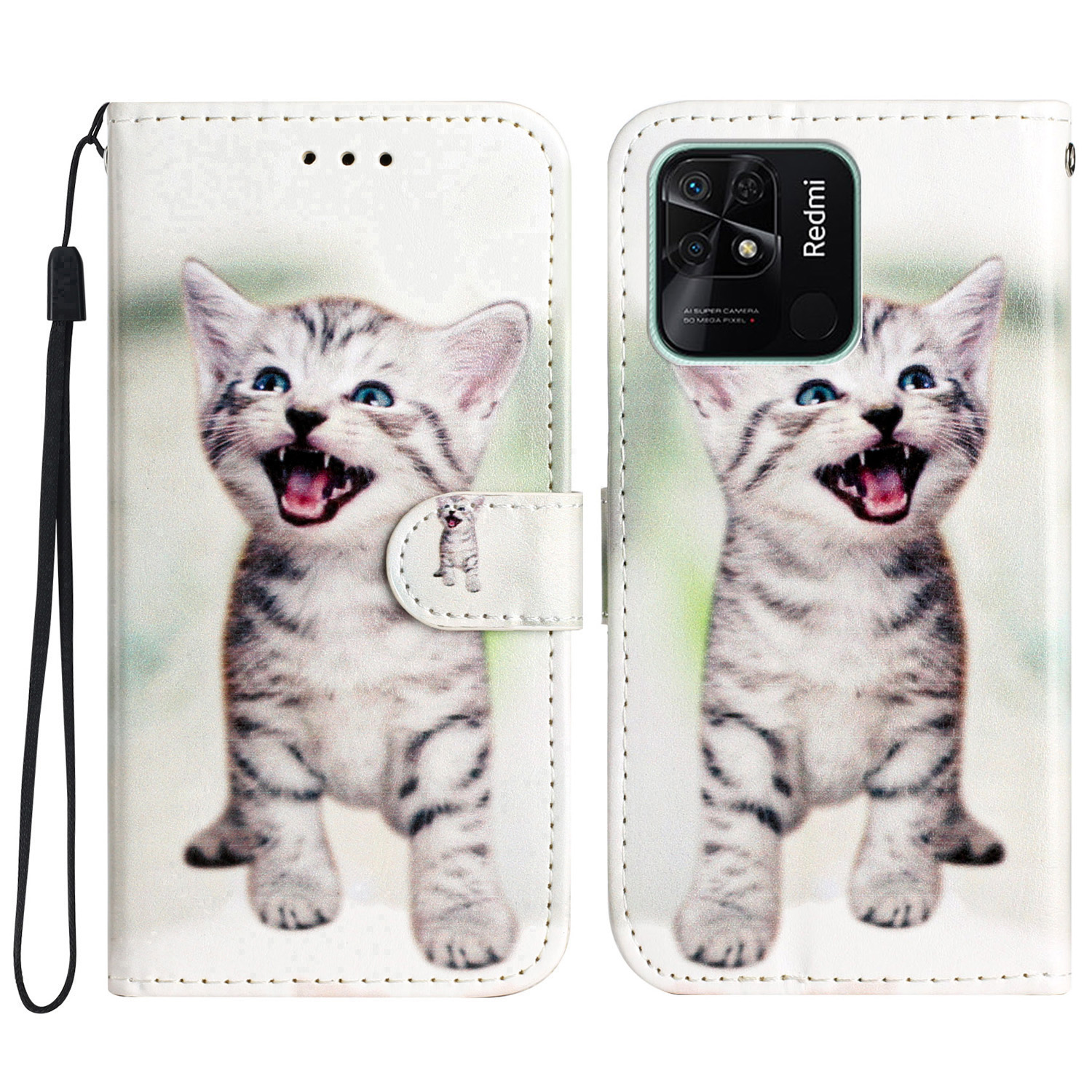 

Für Xiaomi Redmi 10C 4G PU Leder Brieftasche Flip Deckungsmuster Druckklappständer Telefonhülle - Fröhliche Katze, Xiaomi Redmi 10C 4G