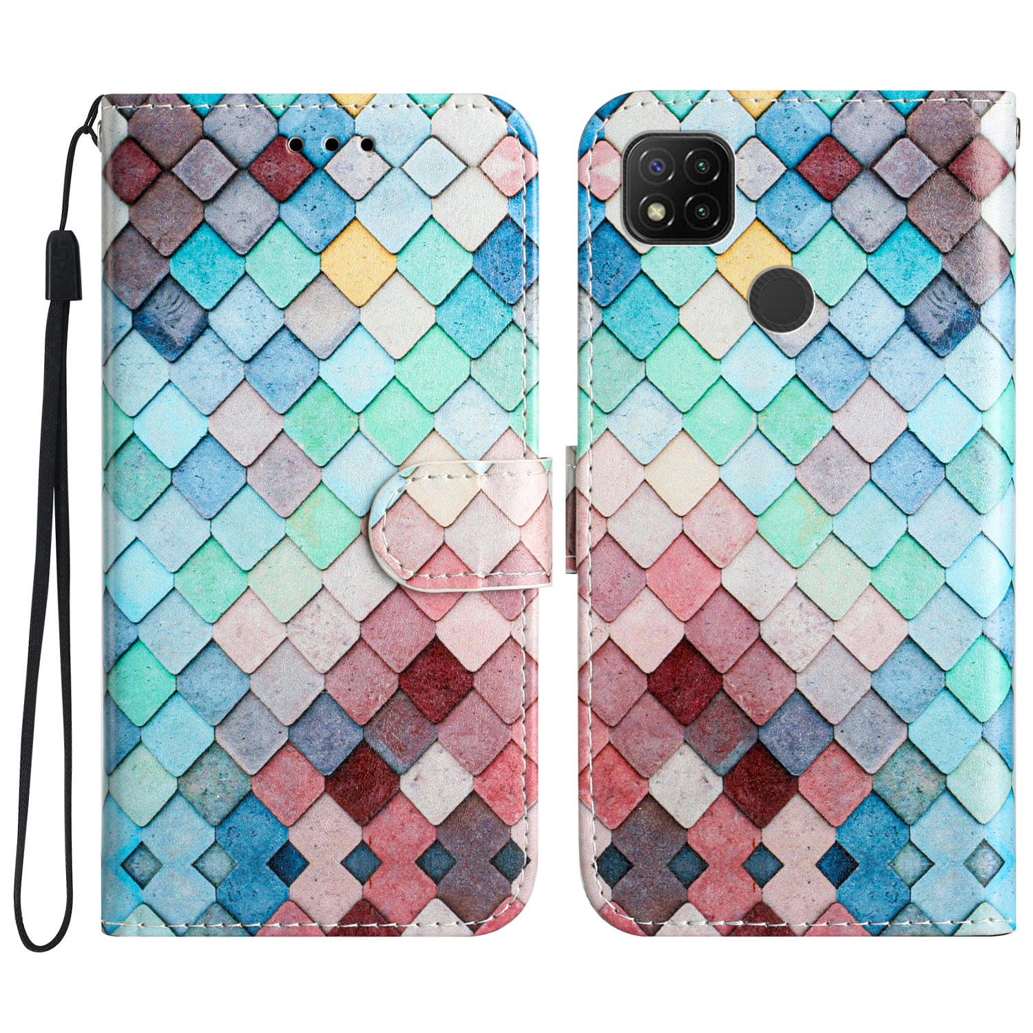 

PU Lederhülle Für Xiaomi Redmi 10a, Magnetverschluss Muster Druckständer Brieftasche Telefonabdeckung - Farbenfrohes Netz, Xiaomi Redmi 10A