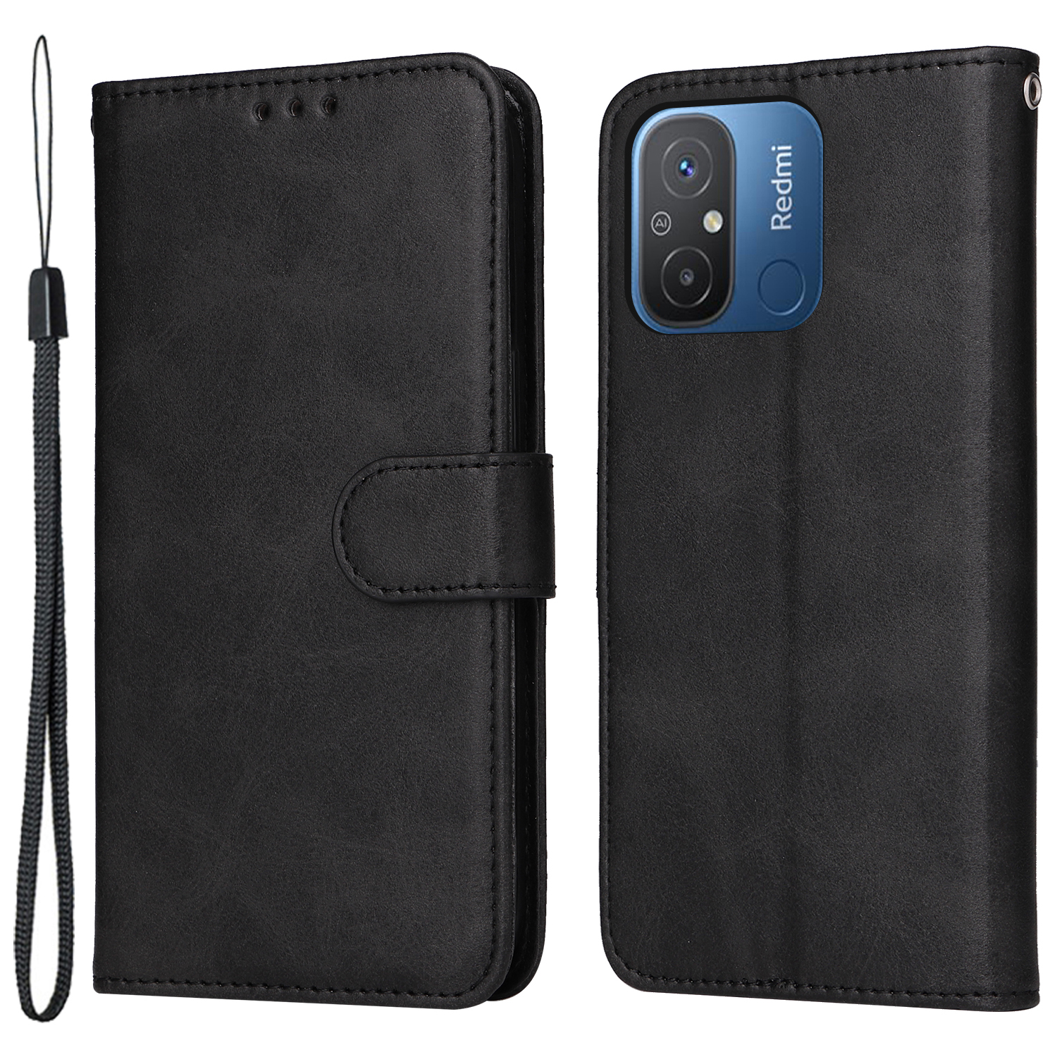 

Für Xiaomi Redmi 12c 4g / 11a 4g Kalbstextur Smartphone Cover PU Leder Brieftasche Telefonständer Hülle - Schwarz, Xiaomi Redmi 12C 4G
