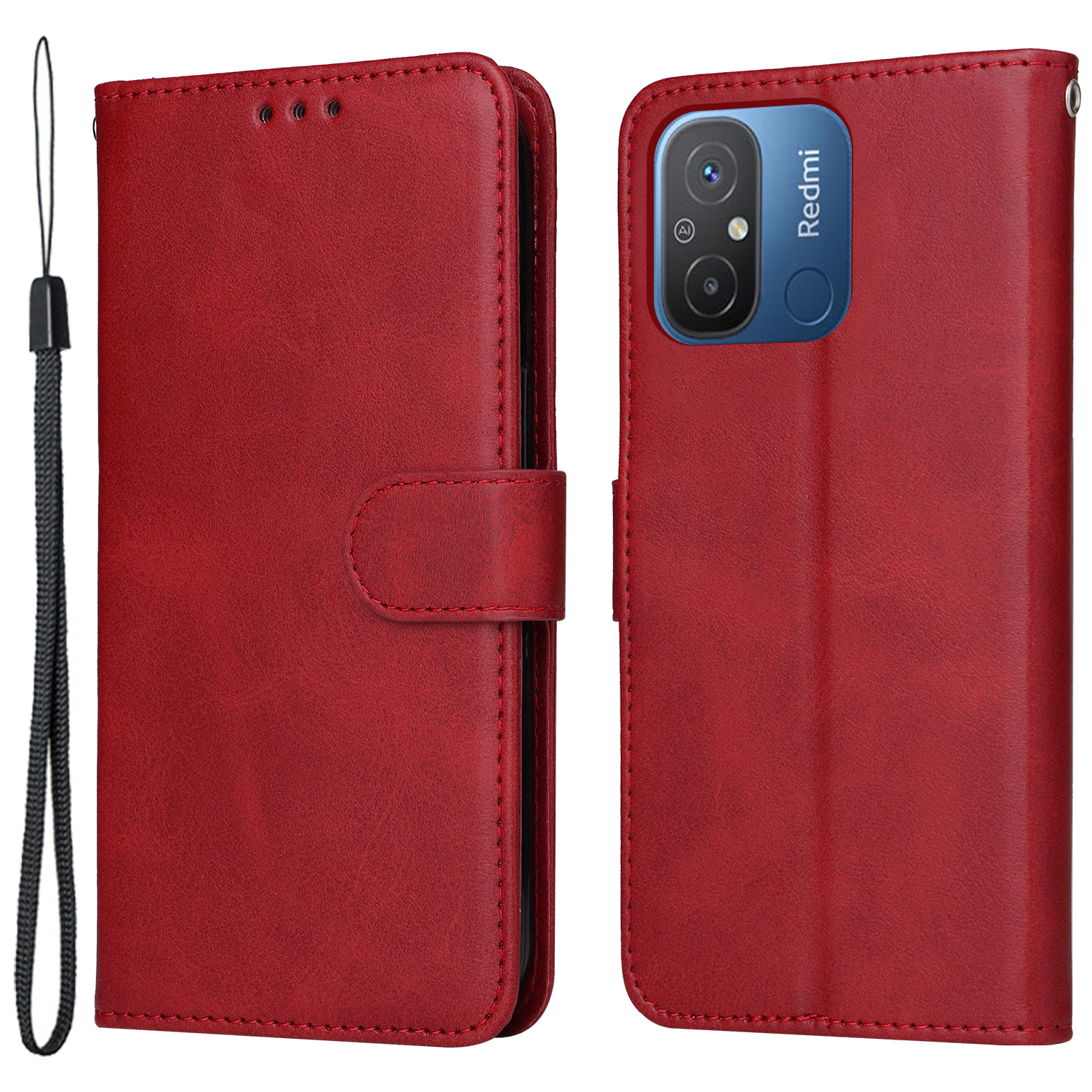 

Für Xiaomi Redmi 12c 4g / 11a 4g Kalbstextur Smartphone Cover PU Leder Brieftasche Telefonständer Hülle - Rot, Xiaomi Redmi 12C 4G