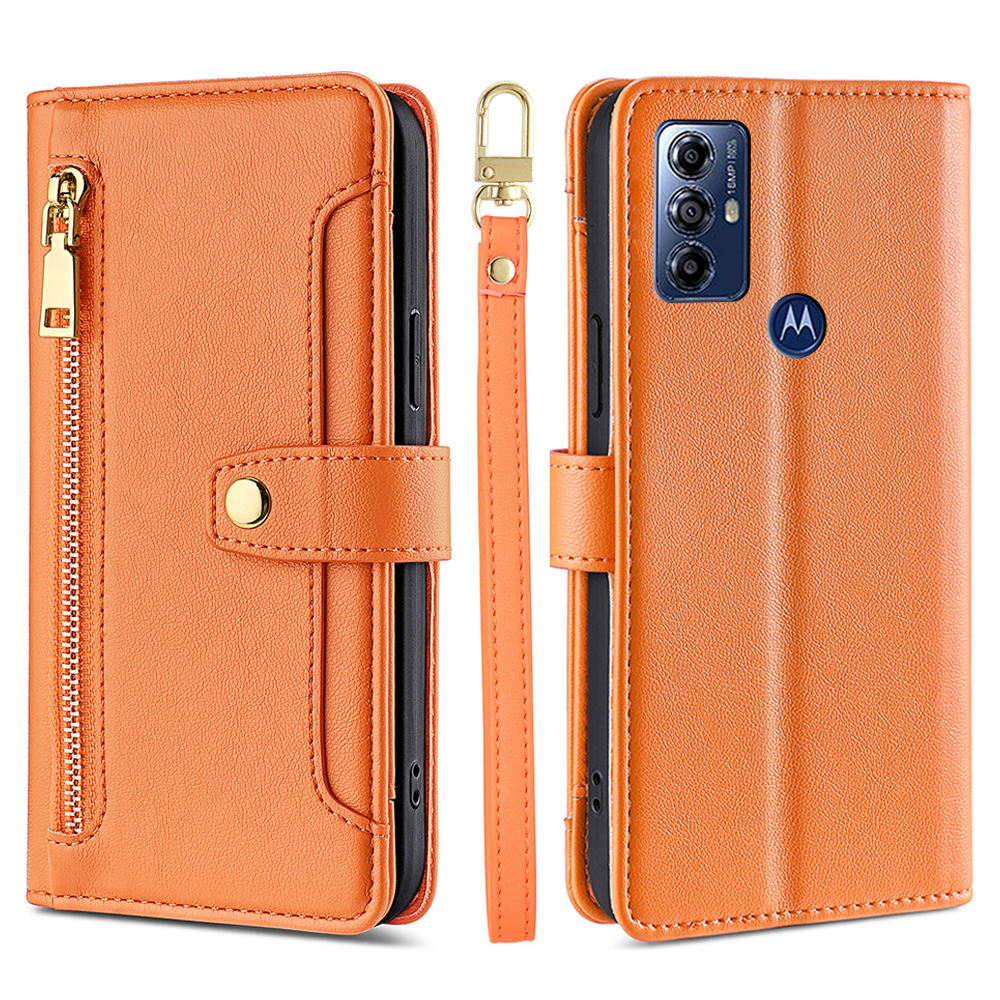 

Für Motorola Moto G Play (2023) 4G Reißverschlusspocket Anti-drogen-telefonhülle Klappständer Leder Brieftasche Mit 2 Gurten - Orange, Motorola Moto G Play (2023) 4G