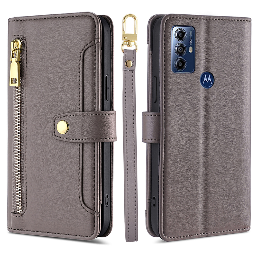 

Für Motorola Moto G Play (2023) 4G Reißverschlusspocket Anti-drogen-telefonhülle Klappständer Leder Brieftasche Mit 2 Gurten - Grau, Motorola Moto G Play (2023) 4G