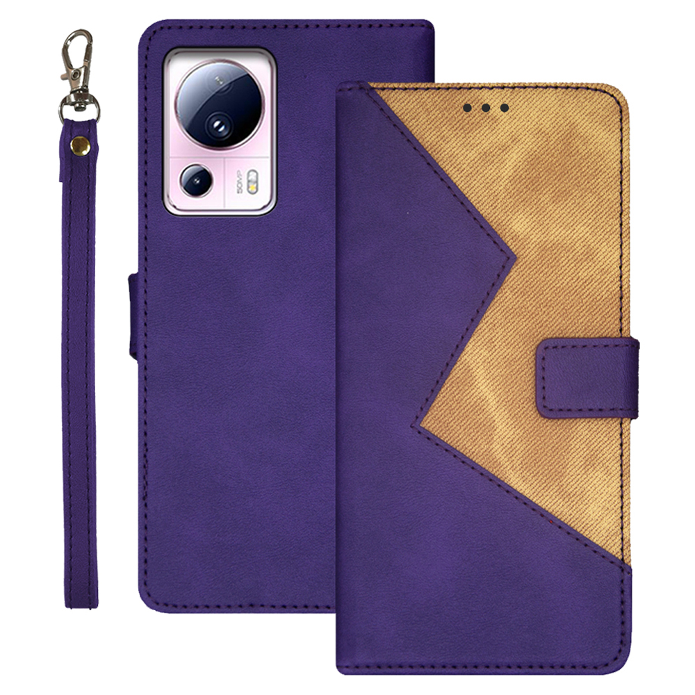 

IDEWEI Für Xiaomi 13 Lite Stand Phone Case Color Spleißkartenhalter Leder -telefonabdeckung Mit Riemen - Lila, Xiaomi 13 Lite