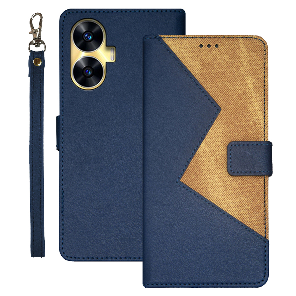 

IDEWEI Für Realme C55 Phone Case Color Spleißen Leder -standkartenschlitzhülle Mit Handgelenkriemen - Blau, Realme C55