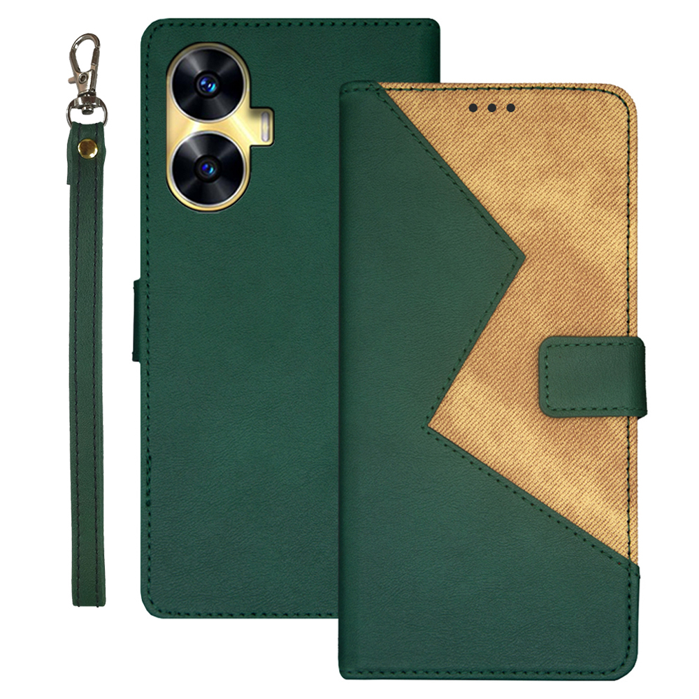 

IDEWEI Für Realme C55 Phone Case Color Spleißen Leder -standkartenschlitzhülle Mit Handgelenkriemen - Grün, Realme C55