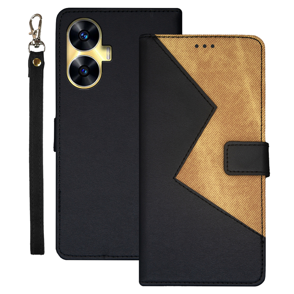 

IDEWEI Für Realme C55 Phone Case Color Spleißen Leder -standkartenschlitzhülle Mit Handgelenkriemen - Schwarz, Realme C55