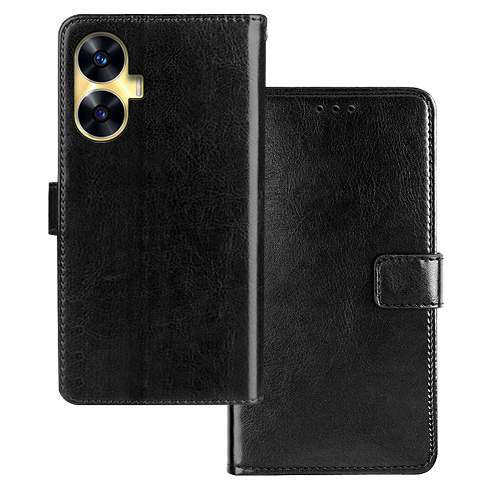 

IDEWEI Für Realme C55 PU Leder+tpu Telefonschalen Brieftasche Verrückte Pferde Textur Telefon Hülle - Schwarz, Realme C55