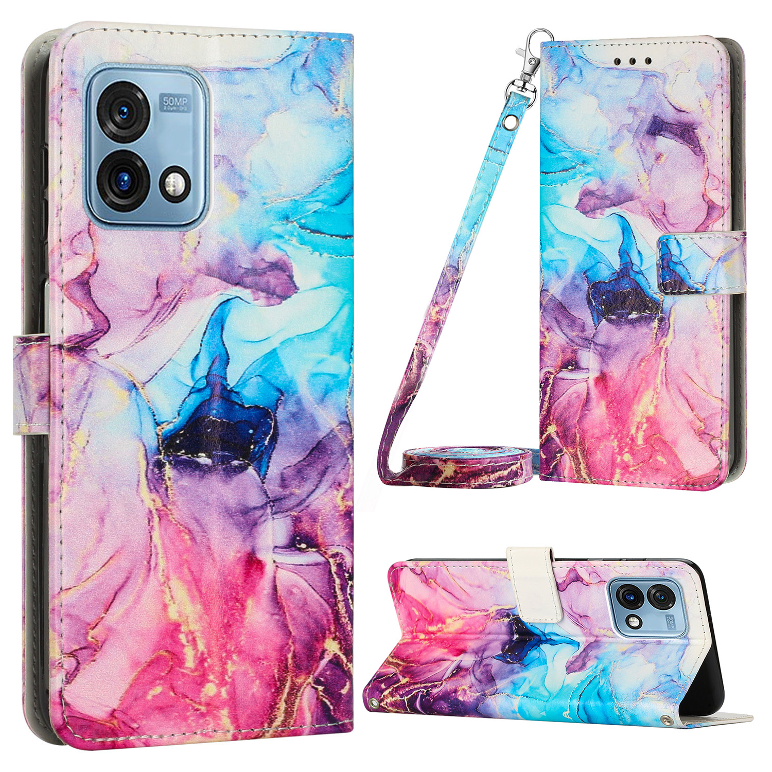 

Für Motorola Moto G Stylus 5G (2023) Telefon Lederhülle Marmormuster Brieftasche Mit Schultergurt - Rosa / Lila, Motorola Moto G Stylus 5G (2023)