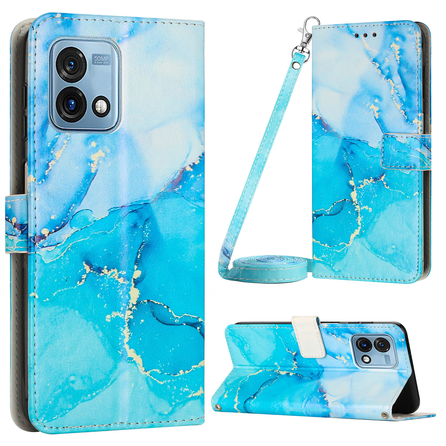 

Für Motorola Moto G Stylus 5G (2023) Telefon Lederhülle Marmormuster Brieftasche Mit Schultergurt - Blau / Grün, Motorola Moto G Stylus 5G (2023)