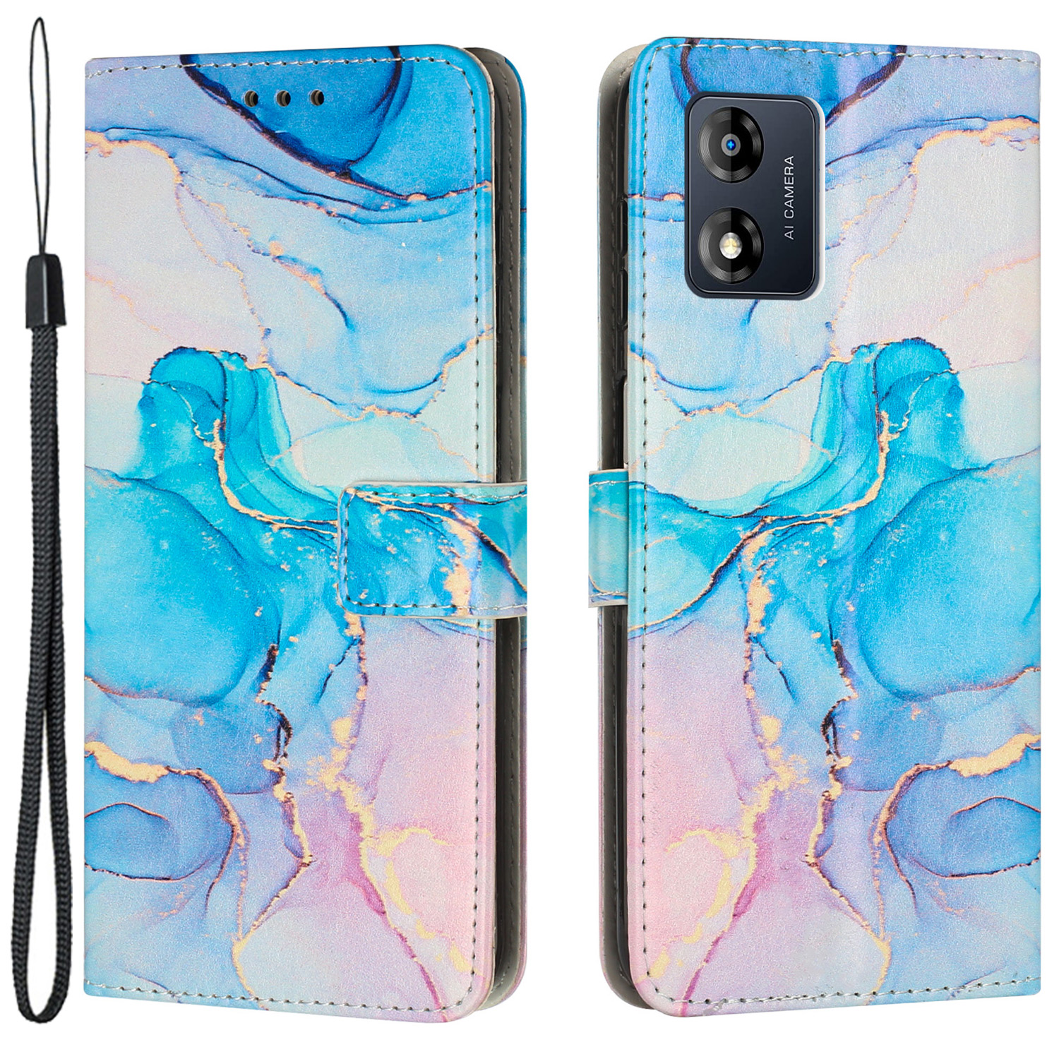 

Schutzabdeckung Für Motorola Moto E13 4G Wallet Phone Hülle Marmormuster Lederabdeckung Mit Riemen - Rosa / Grün, Motorola Moto E13 4G