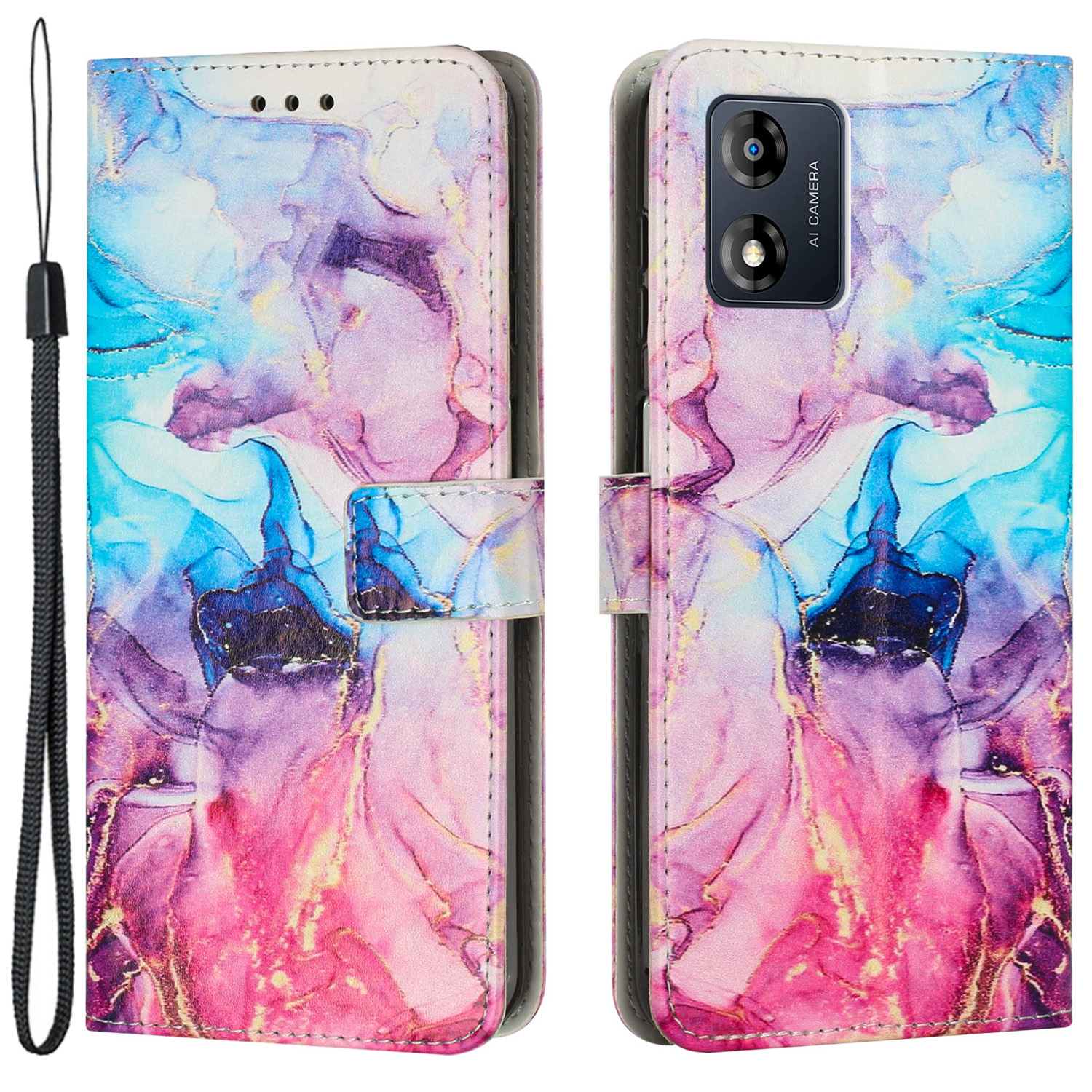 

Schutzabdeckung Für Motorola Moto E13 4G Wallet Phone Hülle Marmormuster Lederabdeckung Mit Riemen - Rosa / Lila, Motorola Moto E13 4G