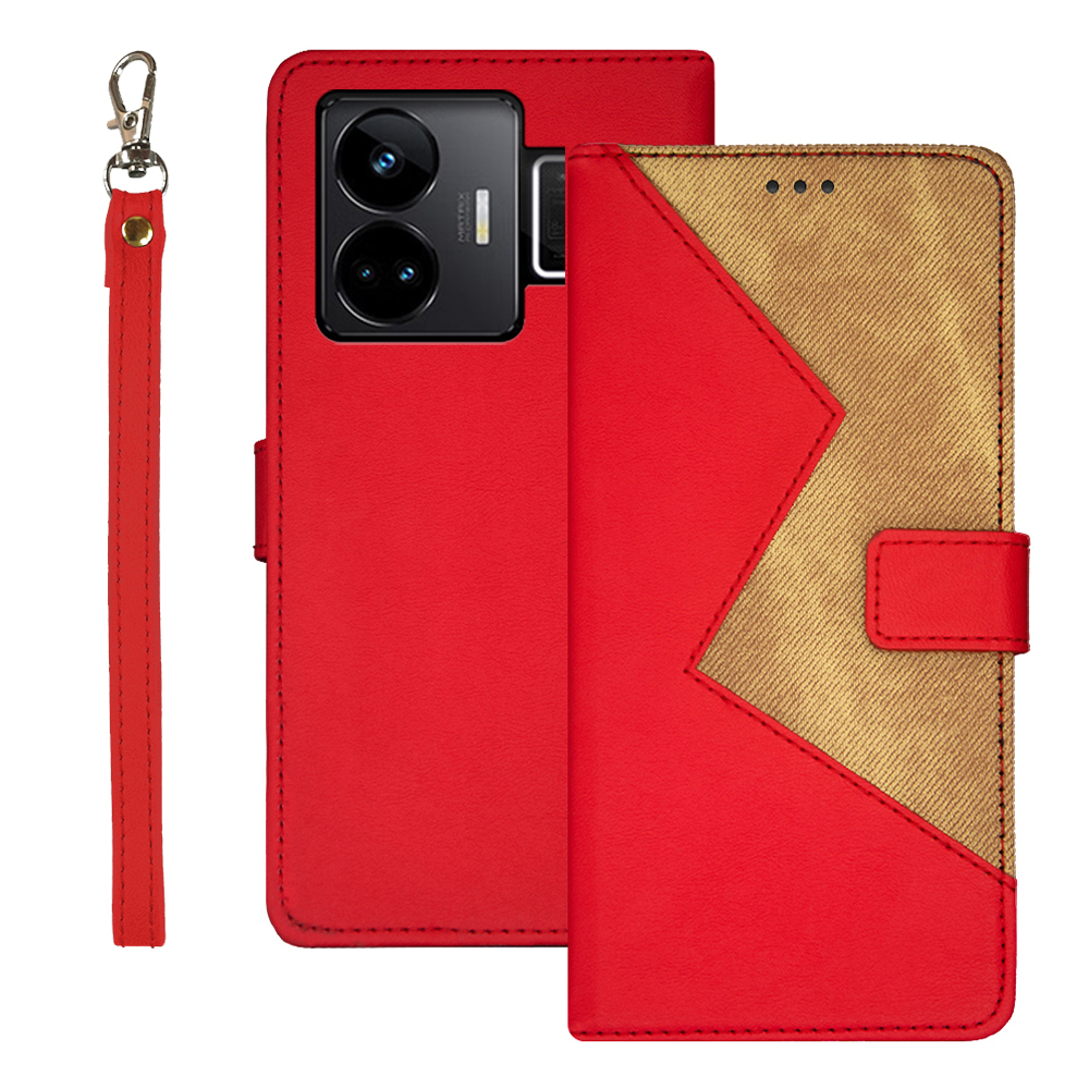 

Idewei Für Realme GT3 5G Farbspleißen Magnetische Telefonkarten -karten -slots Lederabdeckung Mit Handgelenkriemen - Rot, Realme GT3 5G