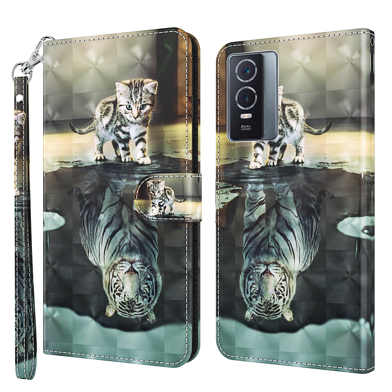 

Für Vivo Y76 5G Wallet Phone Case 3D Muster Druckständer Flip -telefonabdeckung Mit Riemen - Katze Und Tiger, vivo Y76 5G