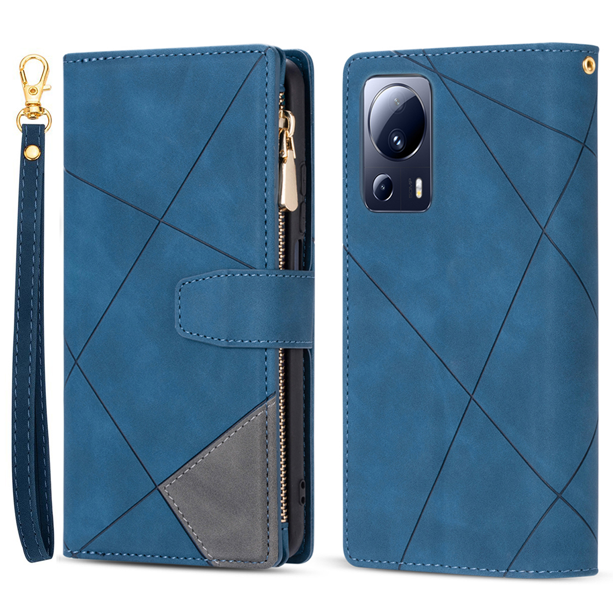 

Für Xiaomi 13 Lite Phone Leder Hülle Hülle Drucken Reißverschluss Pocket Phone Stand Wallet Deckung - Blau, Xiaomi 13 Lite