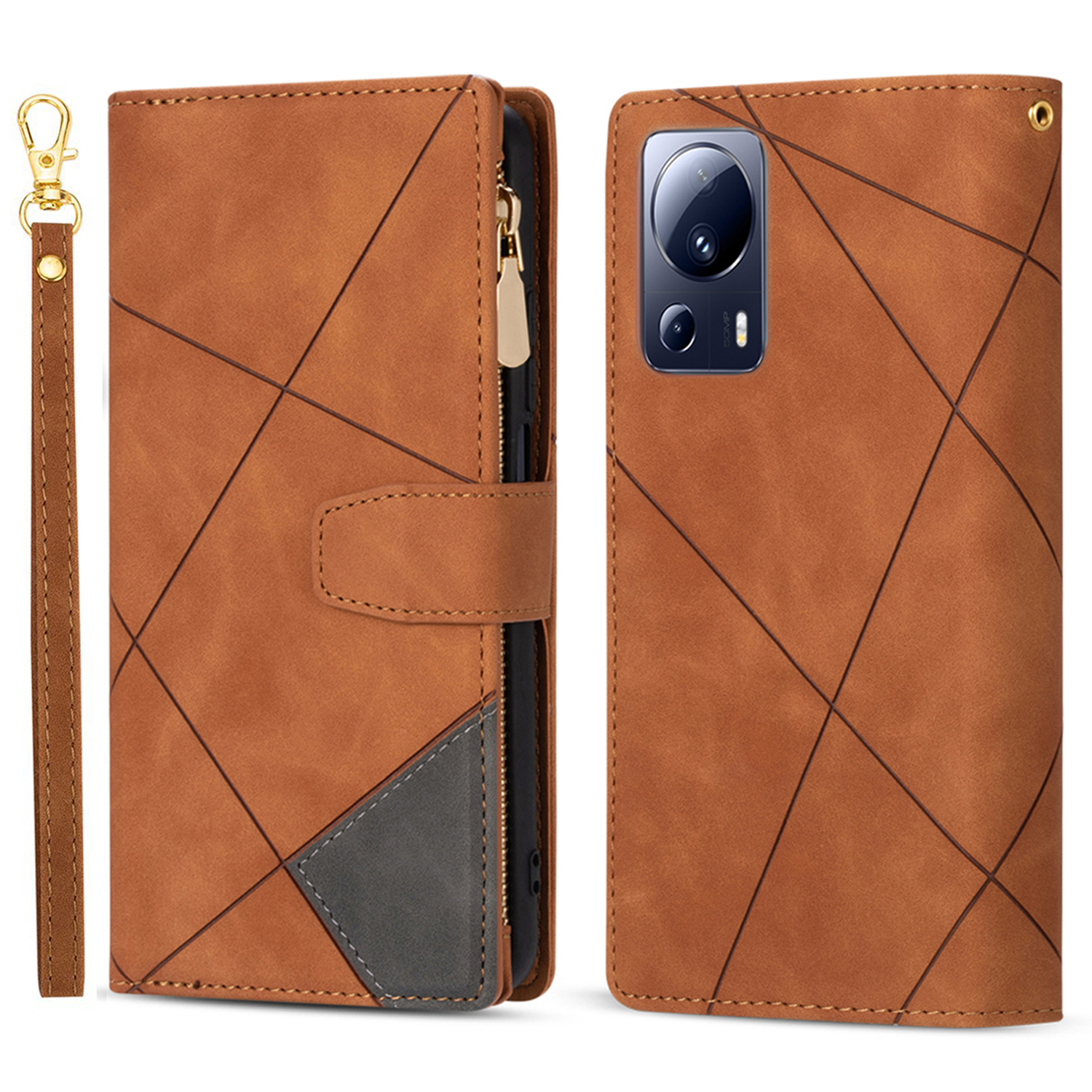 

Für Xiaomi 13 Lite Phone Leder Hülle Hülle Drucken Reißverschluss Pocket Phone Stand Wallet Deckung - Braun, Xiaomi 13 Lite