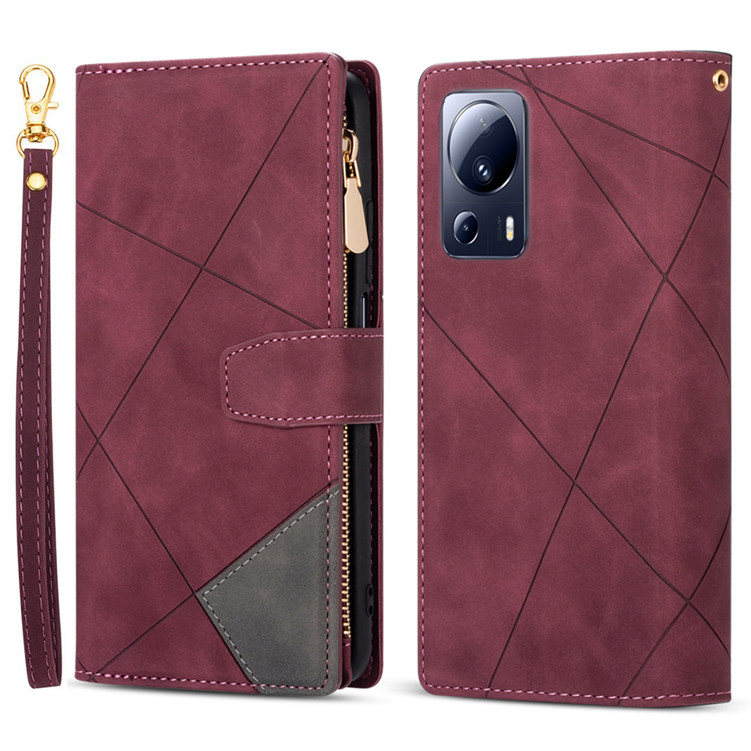 

Für Xiaomi 13 Lite Phone Leder Hülle Hülle Drucken Reißverschluss Pocket Phone Stand Wallet Deckung - Rot, Xiaomi 13 Lite