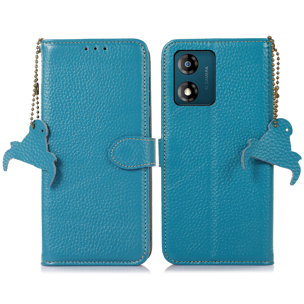 

For Motorola Moto E13 4G Genuine Cow Leather Phone Case Wallet Stand RFID Blocking Flip Cover - Blue, Motorola Moto E13 4G
