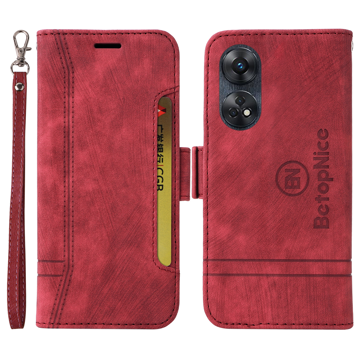 

Betopnice 001 Telefonkoffer Für Oppo Reno8 T 4g, Stichstich -pu -leder -deckungs -brieftaschenständer in Stich - Rot, Oppo Reno8 T 4G