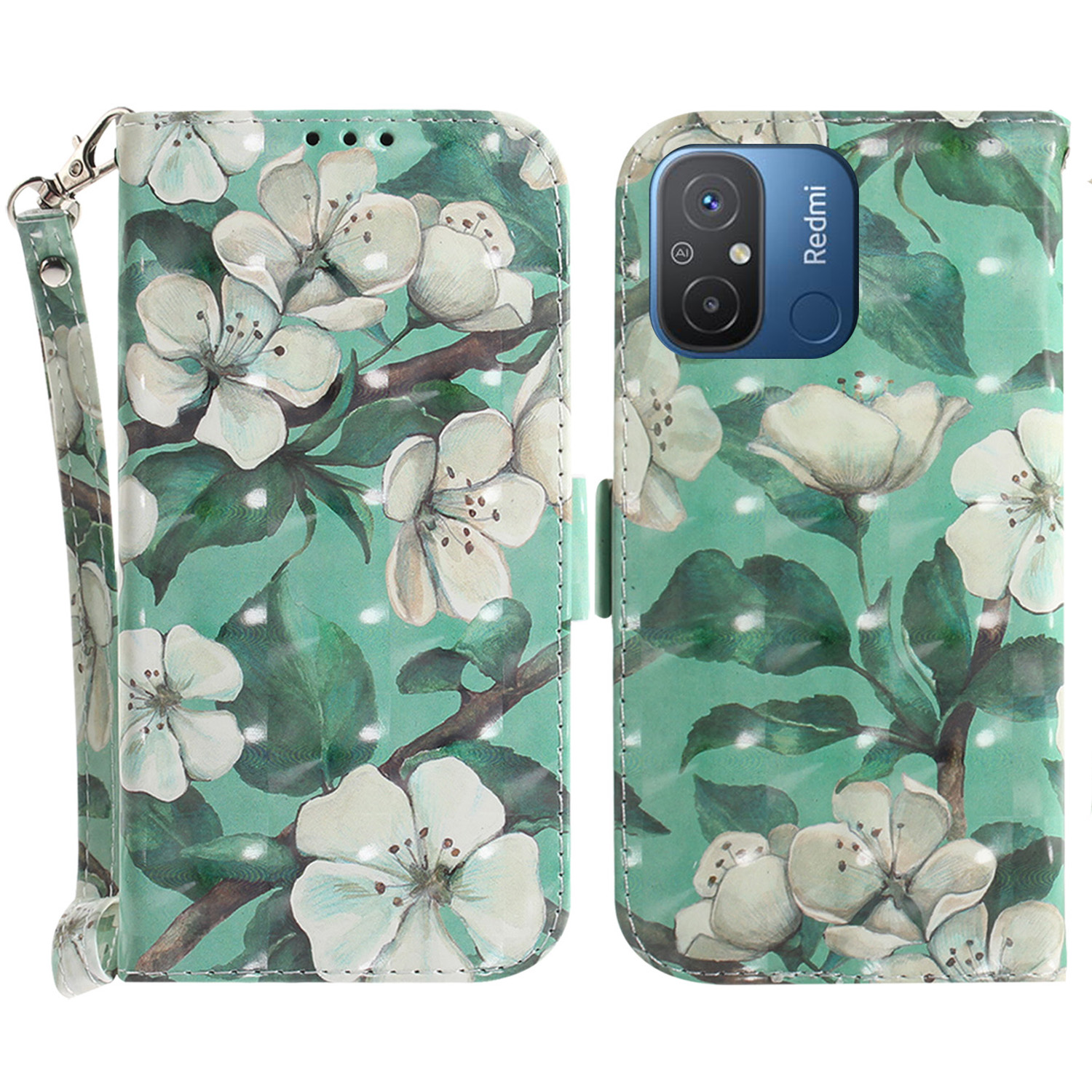 

Brieftasche Telefonkoffer Für Xiaomi Redmi 11A 4G / 12c 4g, PU -ledermuster -druckständer Mit Riemen - Aquarellblüten, Xiaomi Redmi 11A 4G
