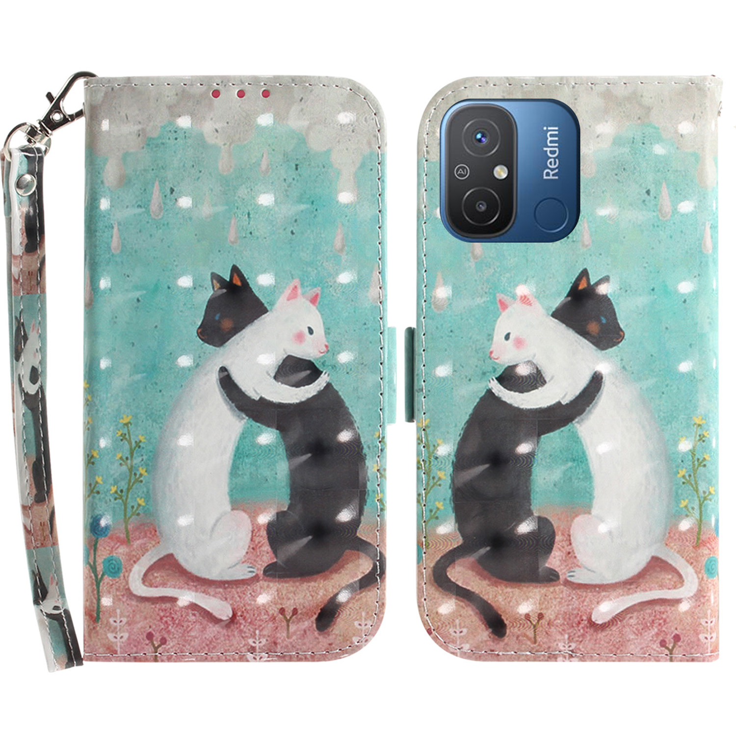 

Brieftasche Telefonkoffer Für Xiaomi Redmi 11A 4G / 12c 4g, PU -ledermuster -druckständer Mit Riemen - Zwei Katzen, Xiaomi Redmi 11A 4G