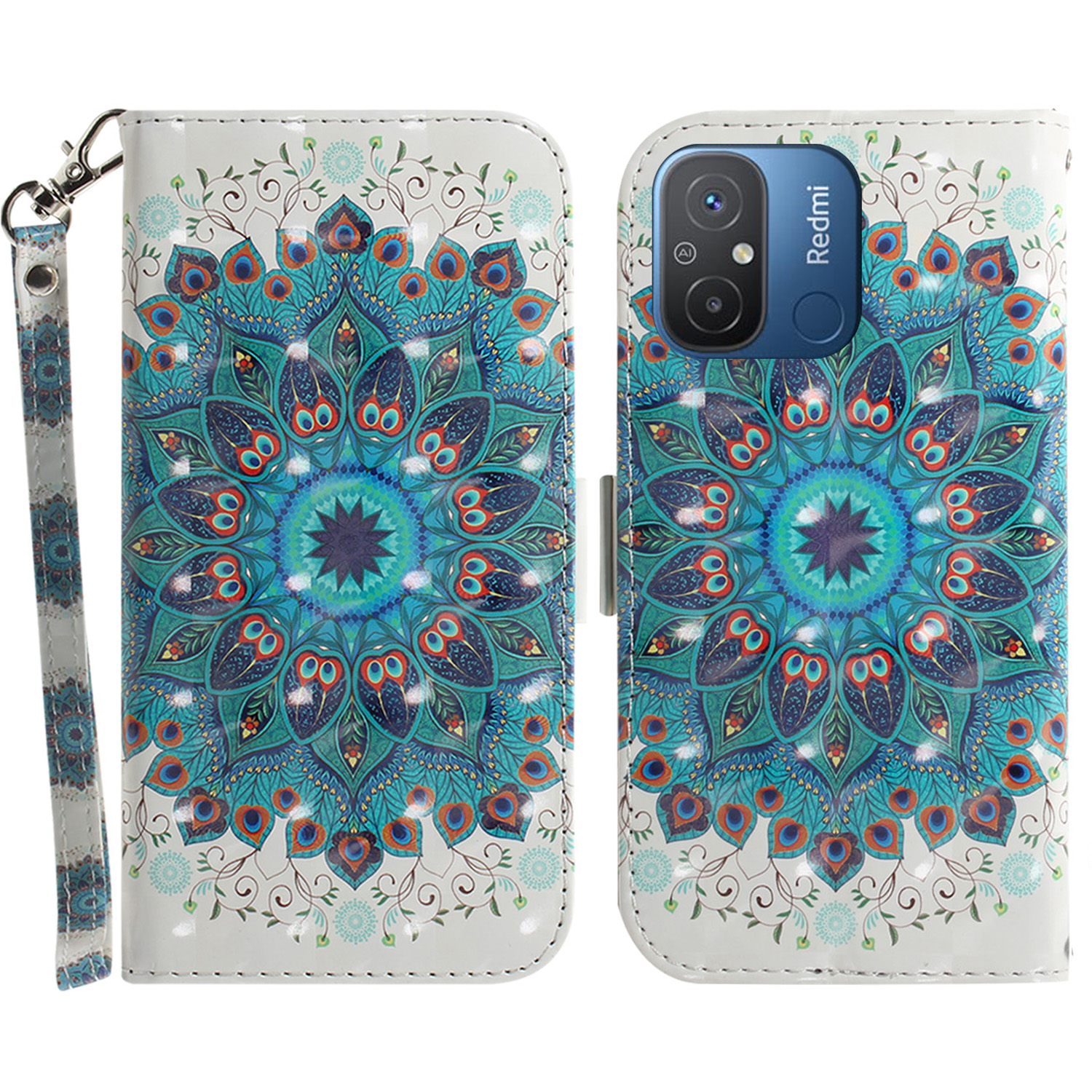 

Brieftasche Telefonkoffer Für Xiaomi Redmi 11A 4G / 12c 4g, PU -ledermuster -druckständer Mit Riemen - Pfauenkranz, Xiaomi Redmi 11A 4G