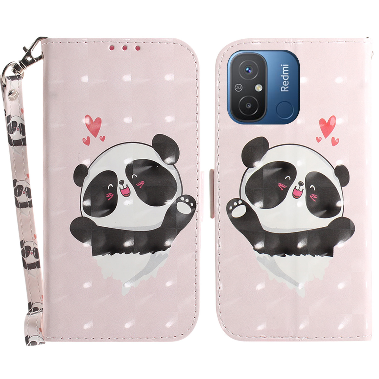 

Brieftasche Telefonkoffer Für Xiaomi Redmi 11A 4G / 12c 4g, PU -ledermuster -druckständer Mit Riemen - Liebe Herz Panda, Xiaomi Redmi 11A 4G