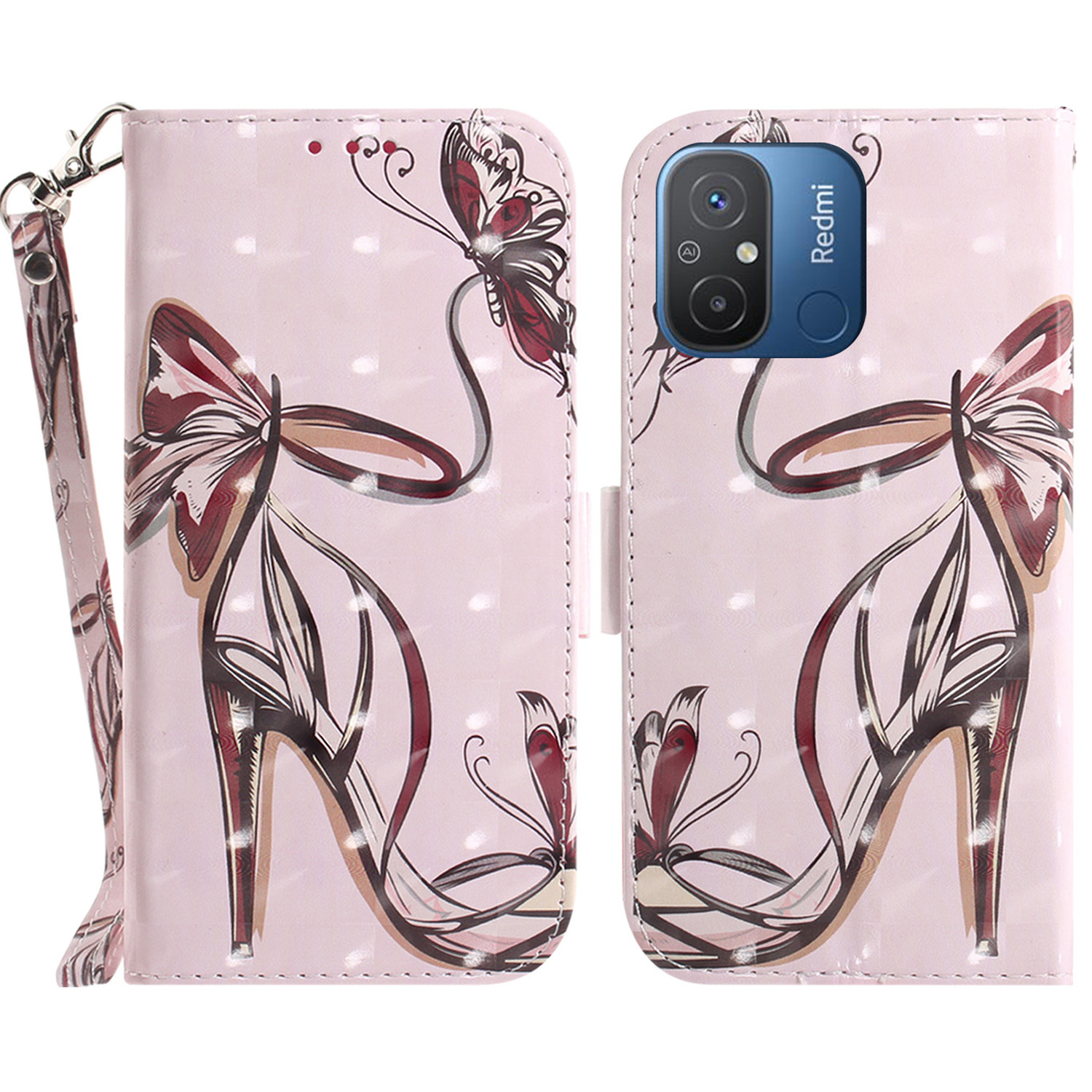 

Brieftasche Telefonkoffer Für Xiaomi Redmi 11A 4G / 12c 4g, PU -ledermuster -druckständer Mit Riemen - Butterfly High Heels, Xiaomi Redmi 11A 4G