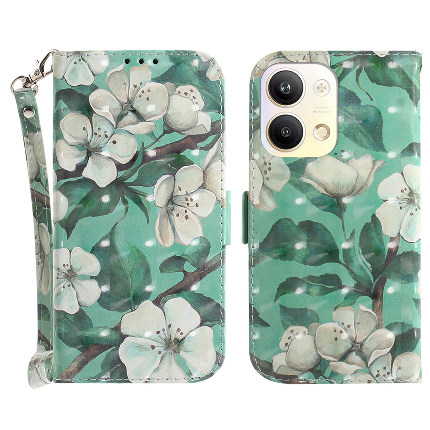 

Für Oppo Reno9 Pro 5G PU Leder Muster Druckphase Drop-proof-brieftaschenständer Mit Riemen - Aquarellblüten, Oppo Reno9 Pro 5G