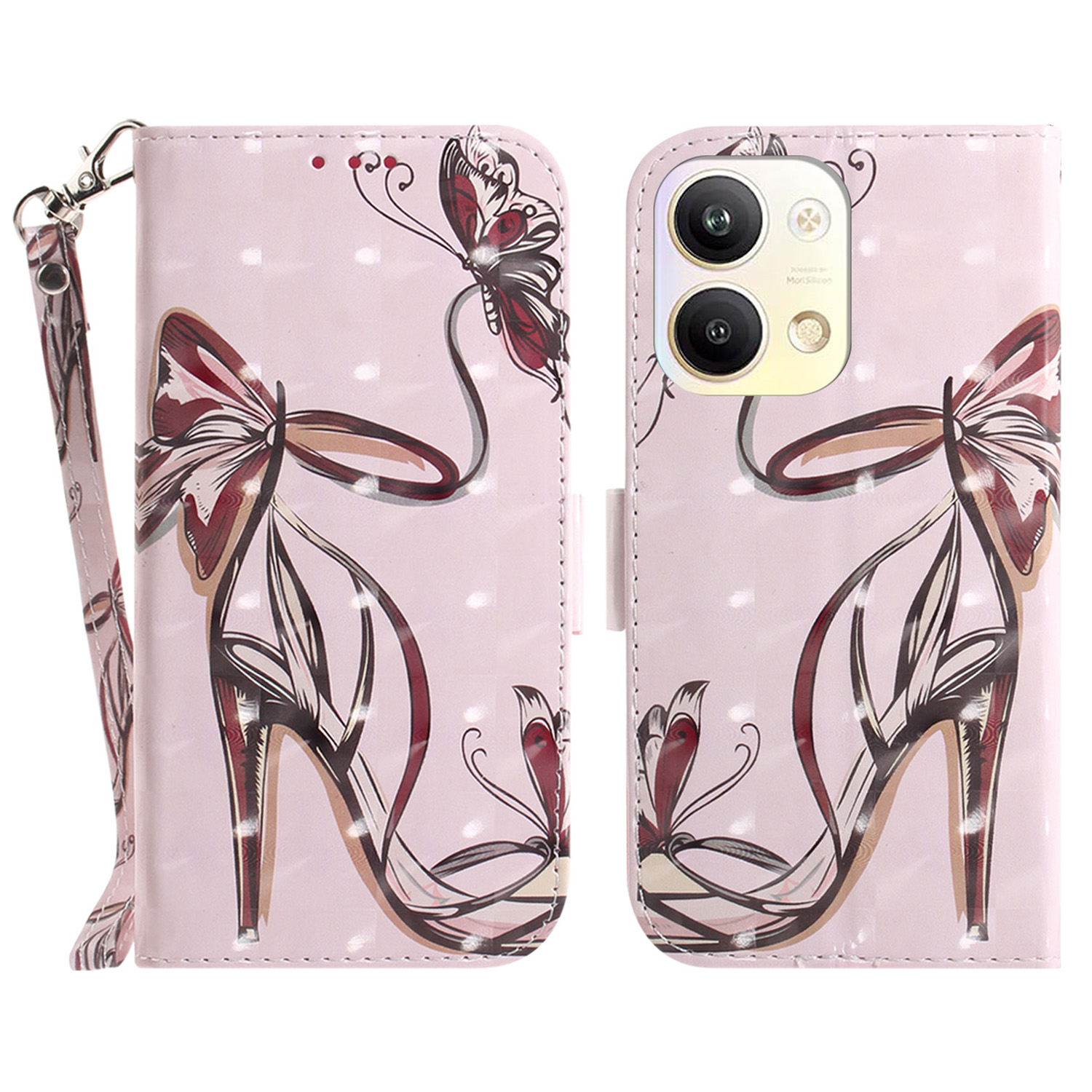 

Für Oppo Reno9 Pro 5G PU Leder Muster Druckphase Drop-proof-brieftaschenständer Mit Riemen - Butterfly High Heels, Oppo Reno9 Pro 5G