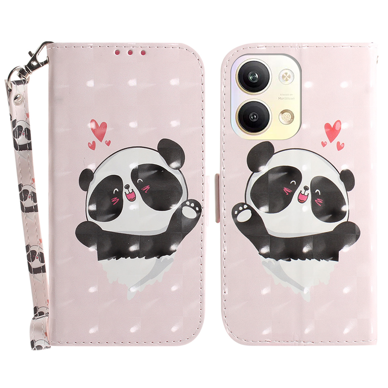 

Für Oppo Reno9 Pro 5G PU Leder Muster Druckphase Drop-proof-brieftaschenständer Mit Riemen - Liebe Herz Panda, Oppo Reno9 Pro 5G