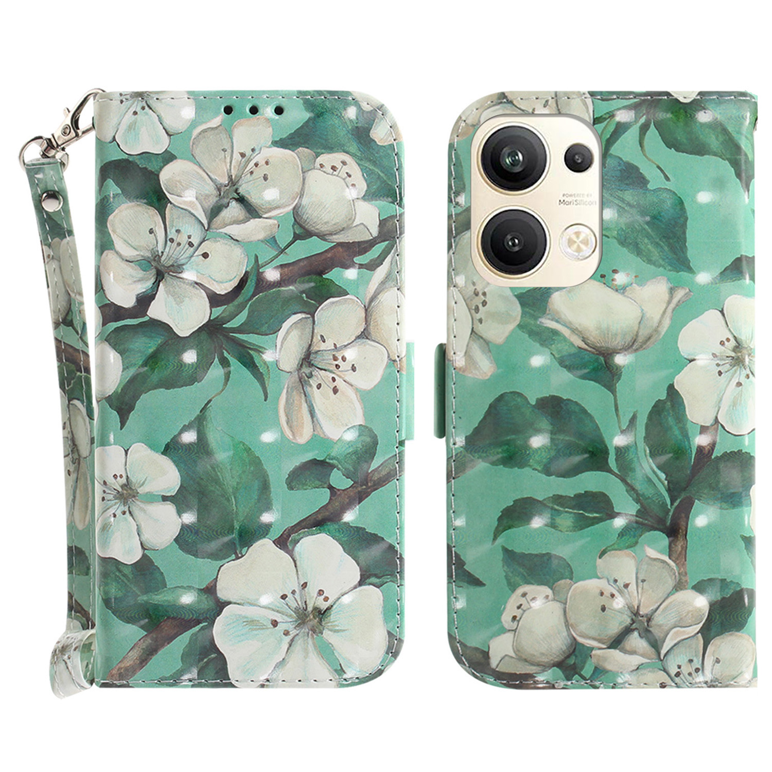 

Für Oppo Reno9 Pro+ 5G Muster Druckphase, PU Leder -brieftasche Mit Riemen - Aquarellblüten, Oppo Reno9 Pro+ 5G