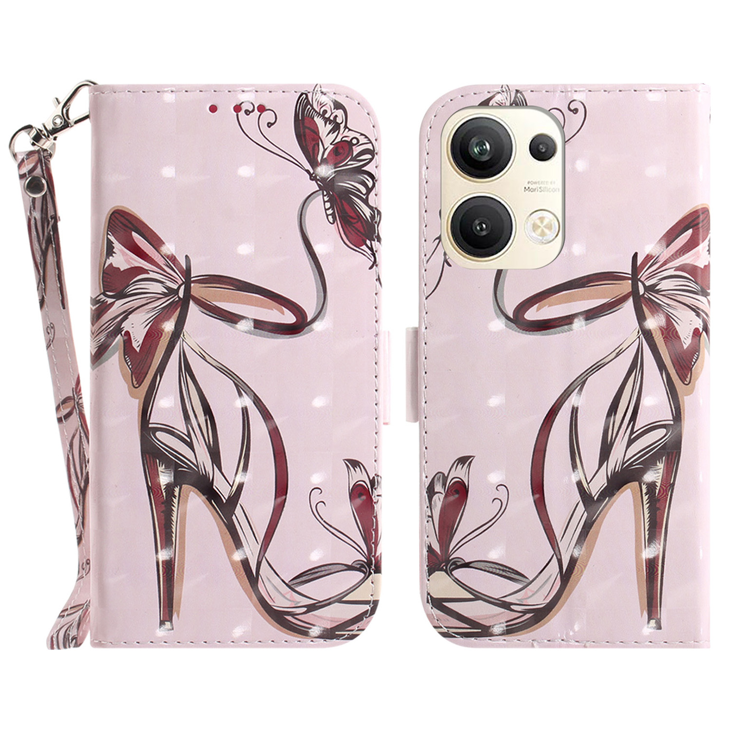 

Für Oppo Reno9 Pro+ 5G Muster Druckphase, PU Leder -brieftasche Mit Riemen - Butterfly High Heels, Oppo Reno9 Pro+ 5G