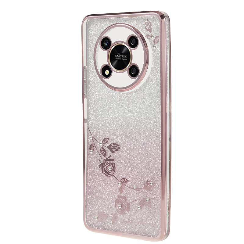 

Für Ehren X30 5G Strass Decor TPU Phone Hülle Blumenelektroplierende Smartphone -abdeckung - Roségold, Honor X30 5G