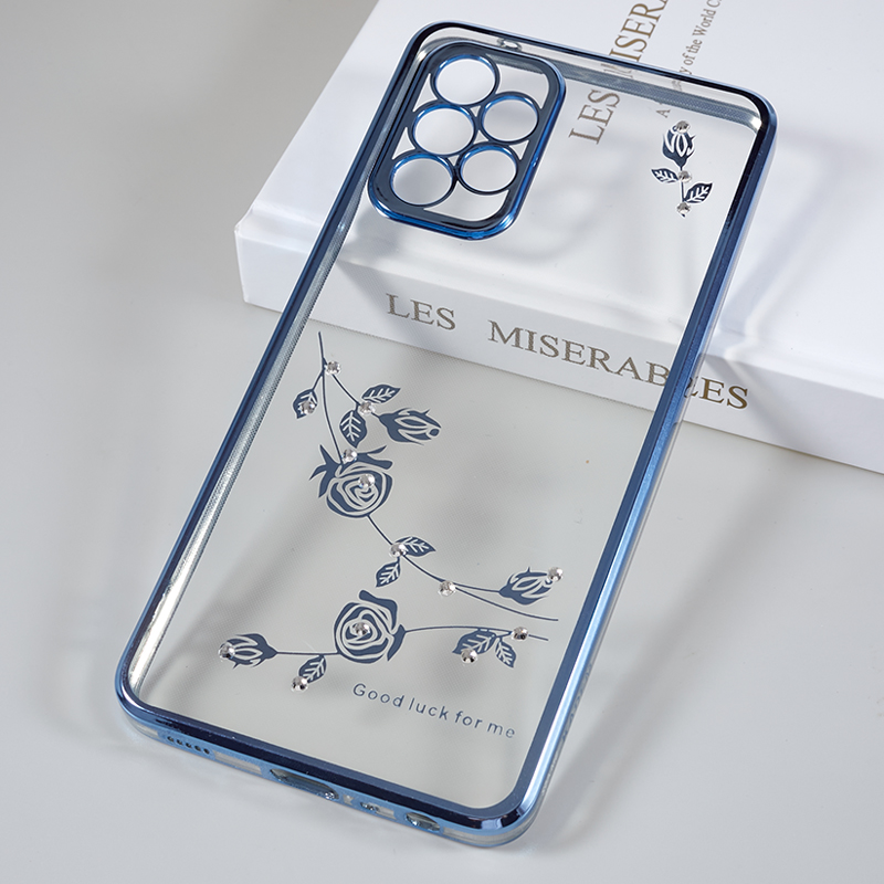 

For Samsung Galaxy A52s 5G / A52 5G / 4G Flower Pattern Electroplating Phone Case Rhinestone Decor TPU Phone Shell - Blue, Galaxy A52 4G