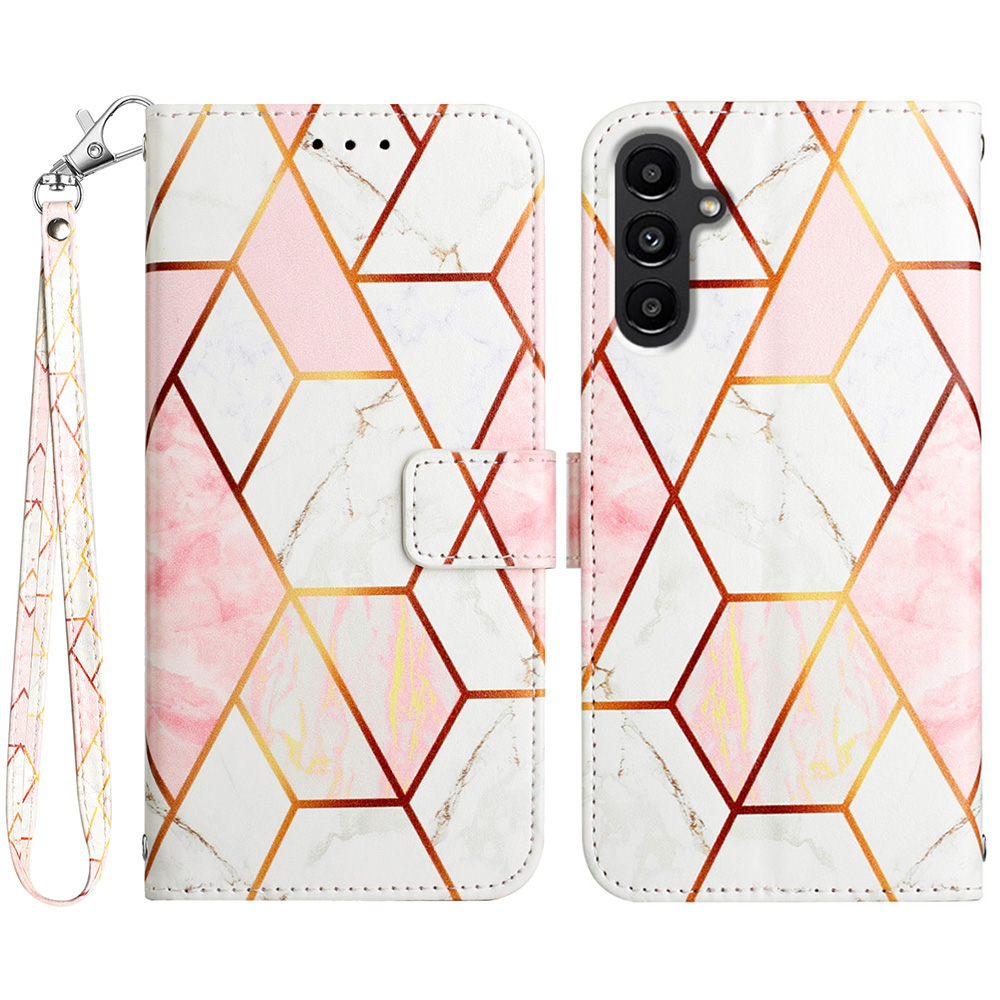 

YB Pattern Printing Leather Series-5 for Samsung Galaxy A24 4G PU Leather Wallet Phone Case Marble Pattern Large Hand Strap Flip Stand Cover - Pink / White 002, Galaxy A24 4G