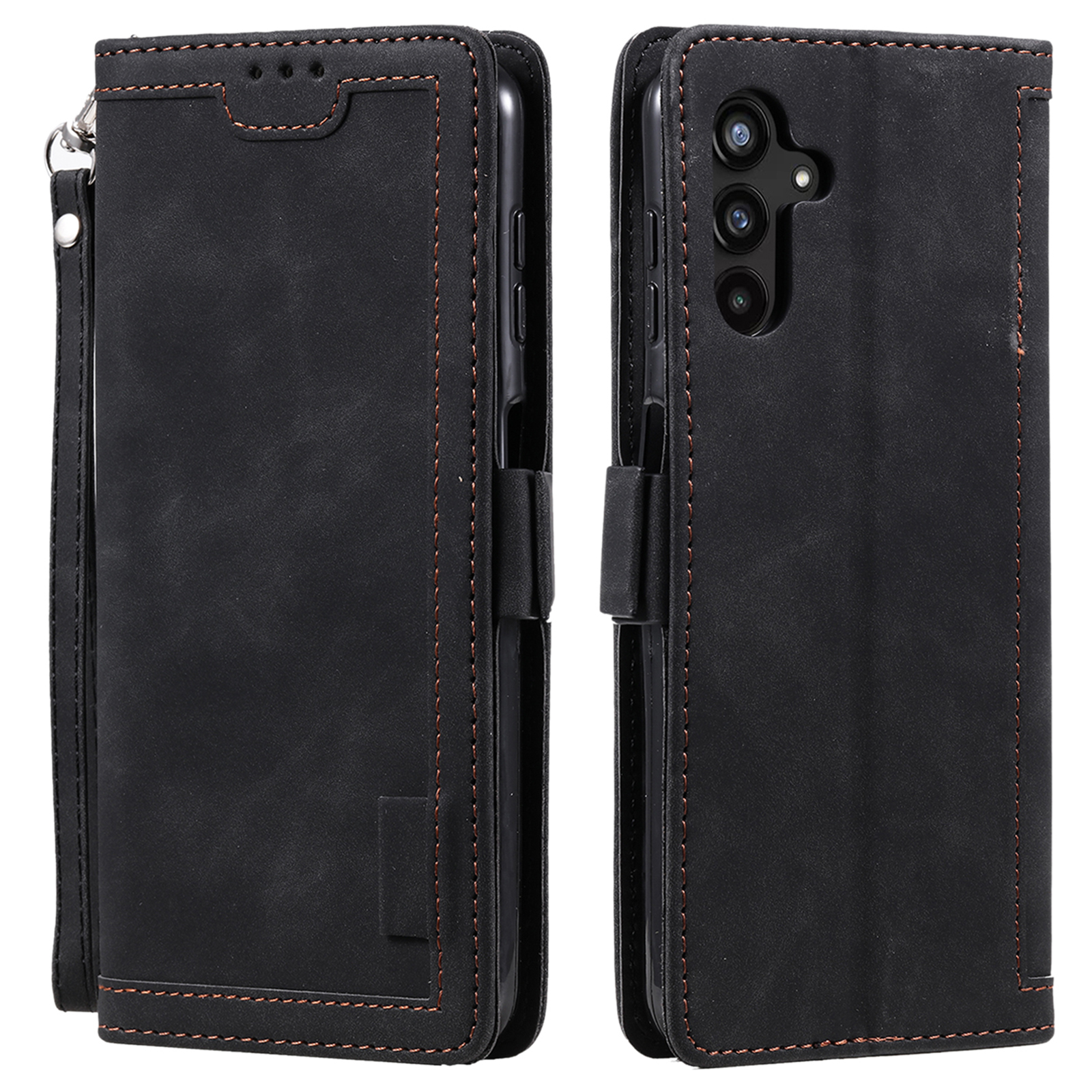 

For Samsung Galaxy A14 4G / 5G Stand Wallet Cover, Retro Color Splicing PU Leather Phone Case with Strap - Black, Galaxy A14 5G