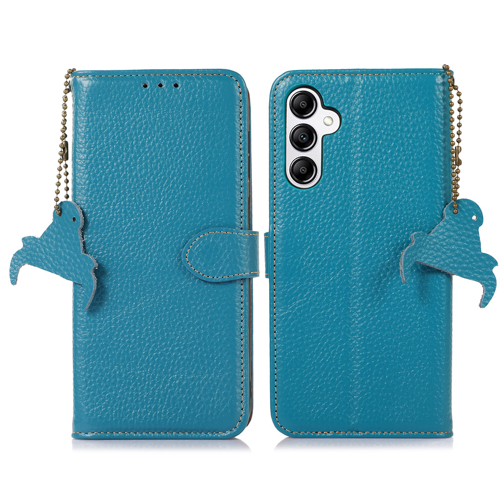 

For Samsung Galaxy A24 4G Dustproof Cover Genuine Cow Leather Litchi Texture RFID Blocking Stand Wallet Case - Blue, Galaxy A24 4G