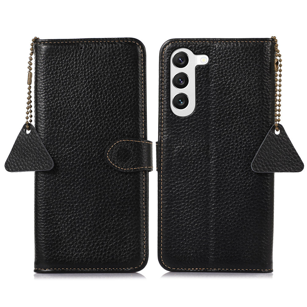 

Phone Case For Samsung Galaxy S22 5G Genuine Cow Leather Cover Litchi Texture RFID Blocking Stand Wallet - Black, Galaxy S22 5G